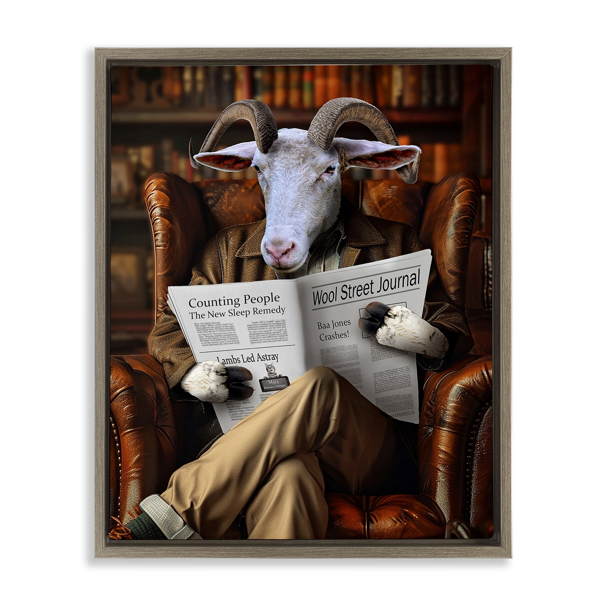 Stupell Industries Goat in Vintage Library Animals & Insects Painting Brown Floater Framed Canvas Art Print Wall Art, 25 x 31