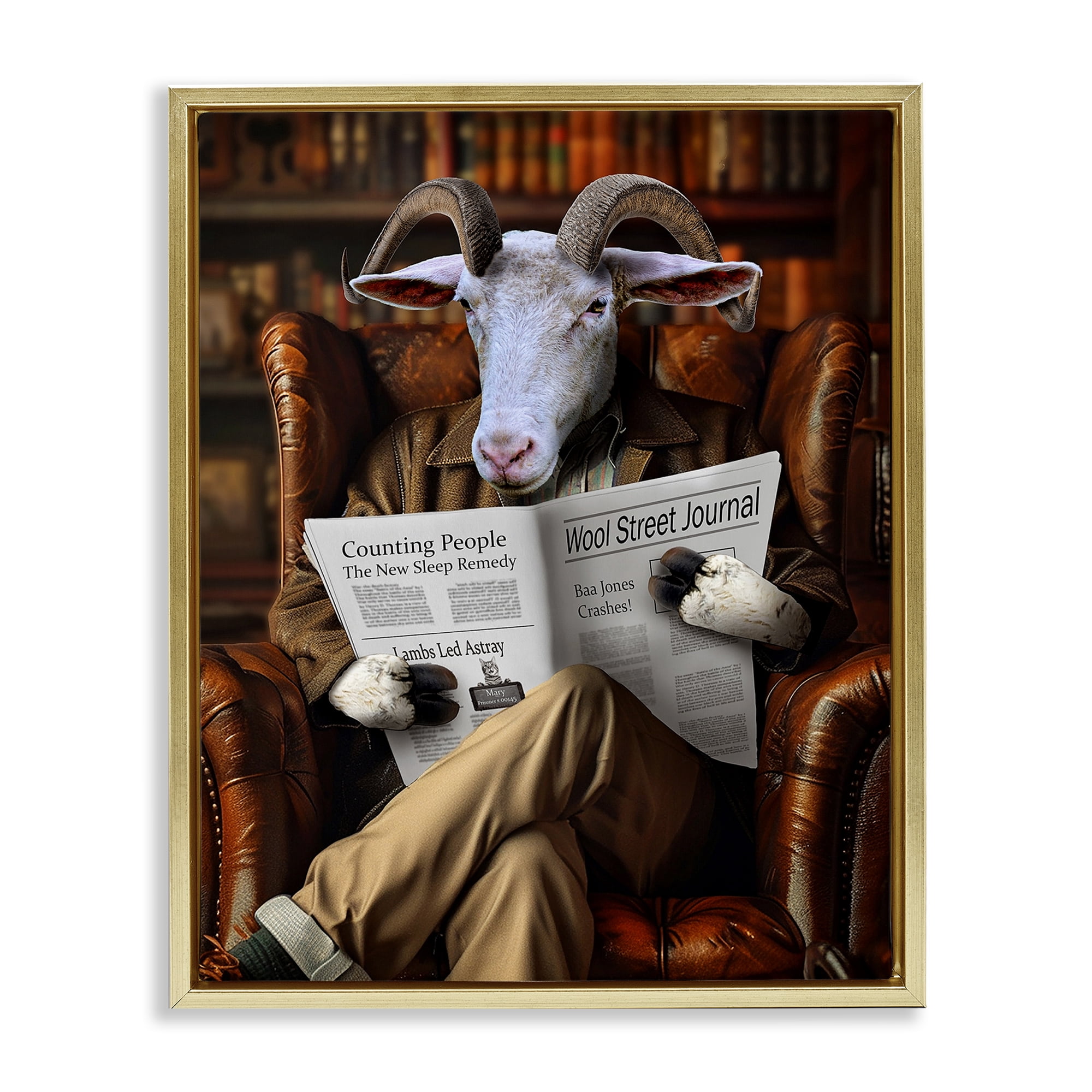 Stupell Industries Goat in Vintage Library Animals & Insects Painting Gold Floater Framed Canvas Art Print Wall Art, 17 x 21