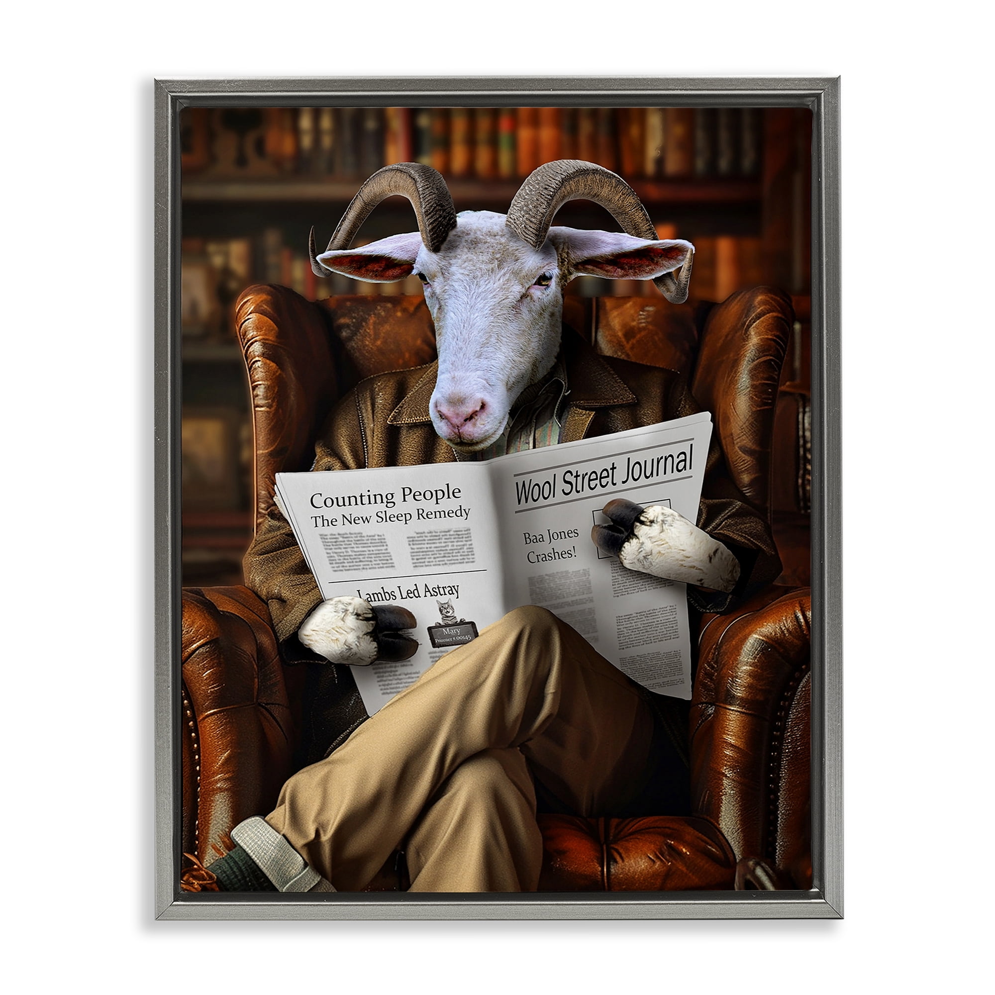 Stupell Industries Goat in Vintage Library Animals & Insects Painting Gray Floater Framed Canvas Art Print Wall Art, 17 x 21
