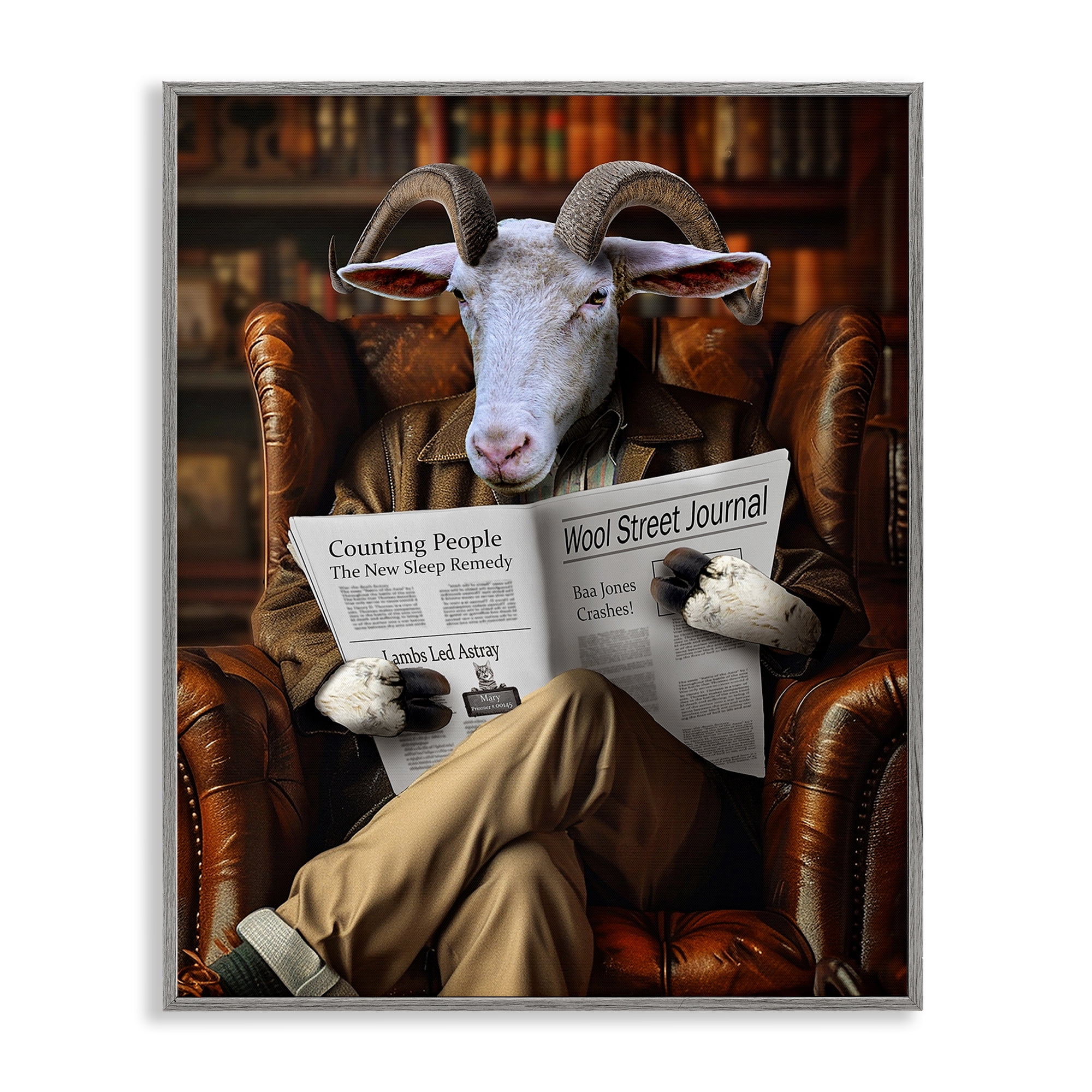 Stupell Industries Goat in Vintage Library Animals & Insects Painting Gray Framed Art Print Wall Art, 16 x 20