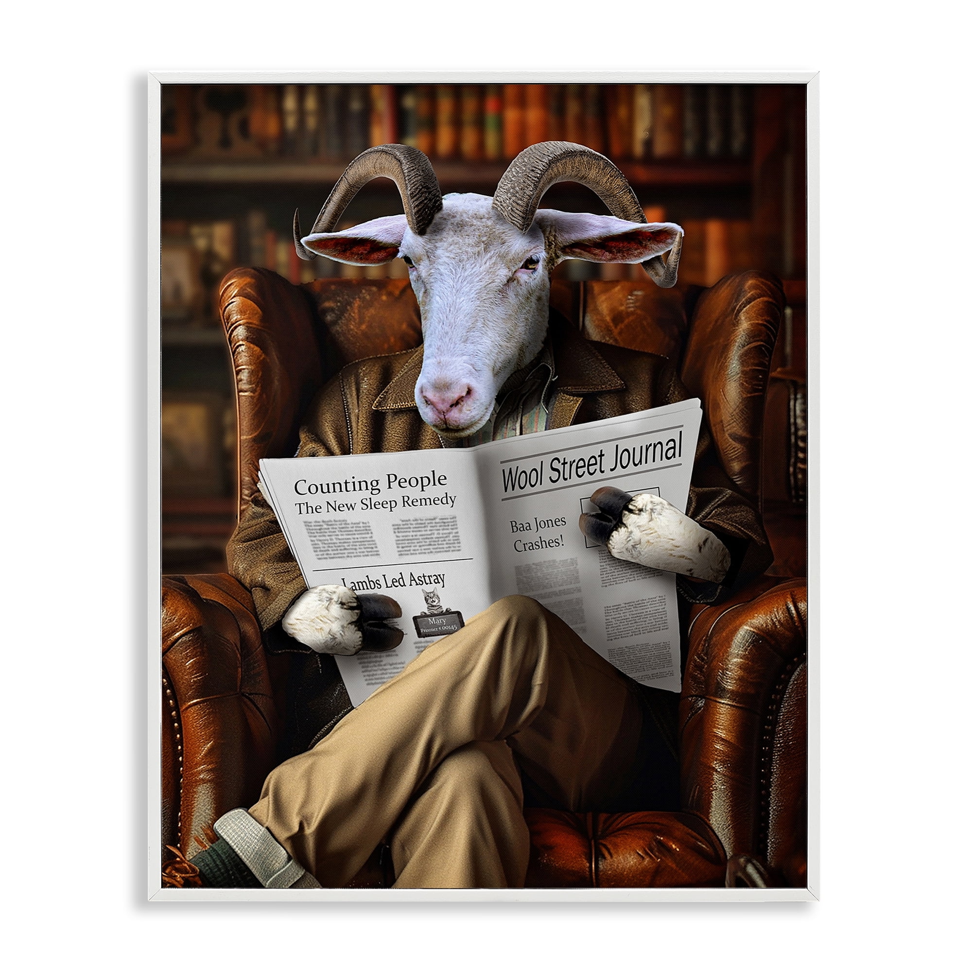 Stupell Industries Goat in Vintage Library Animals & Insects Painting White Framed Art Print Wall Art, 16 x 20