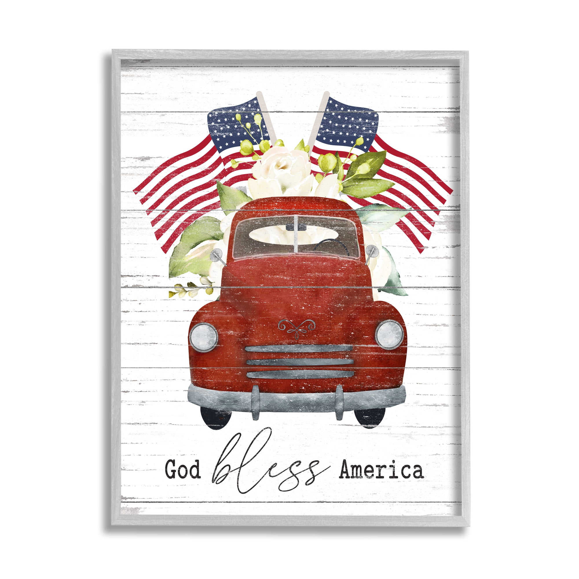 Stupell Industries God Bless America Sentiment Americana Red Truck Flags, 16 x 20, Designed by Lettered and Lined