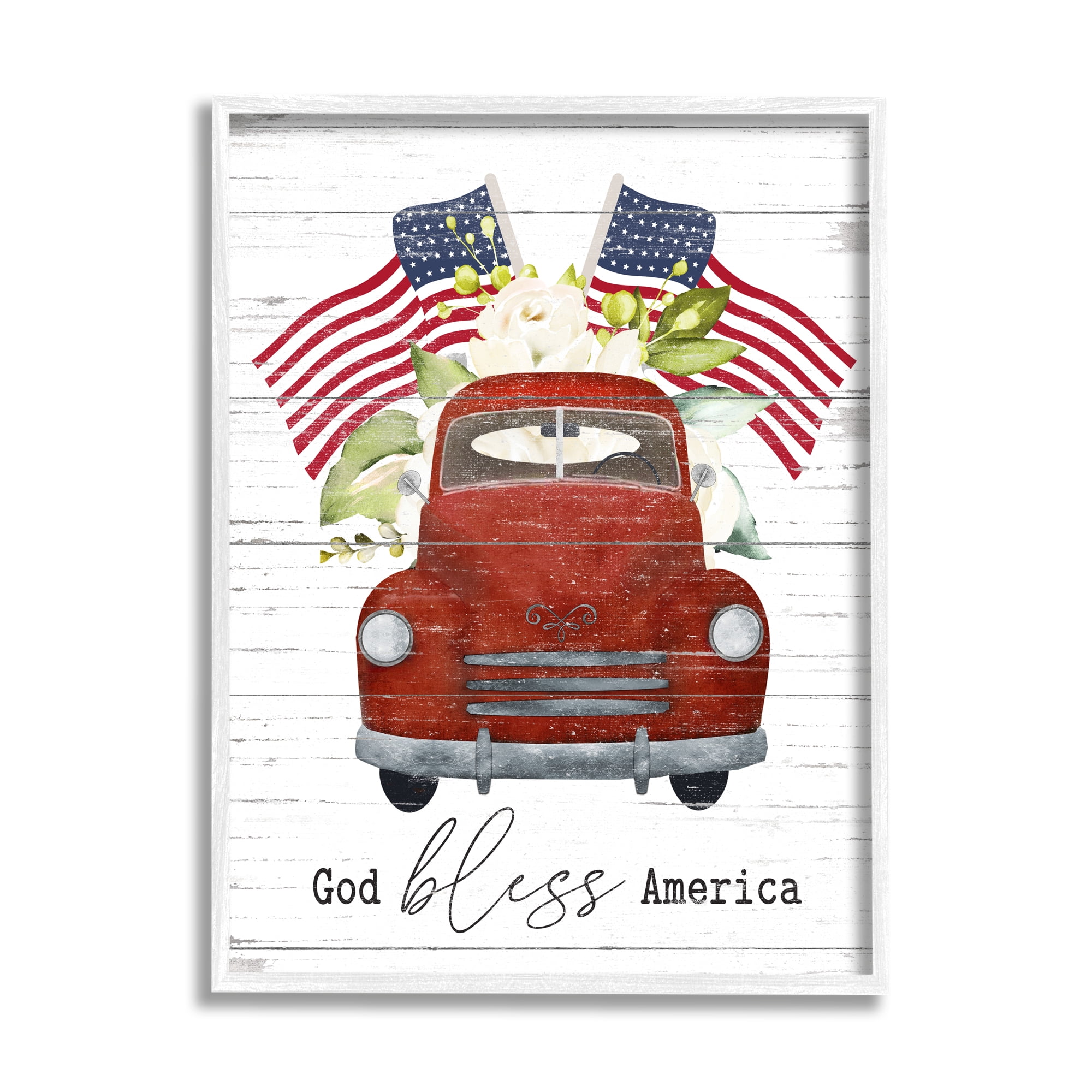 Stupell Industries God Bless America Sentiment Americana Red Truck Flags, 24 x 30, Designed by Lettered and Lined