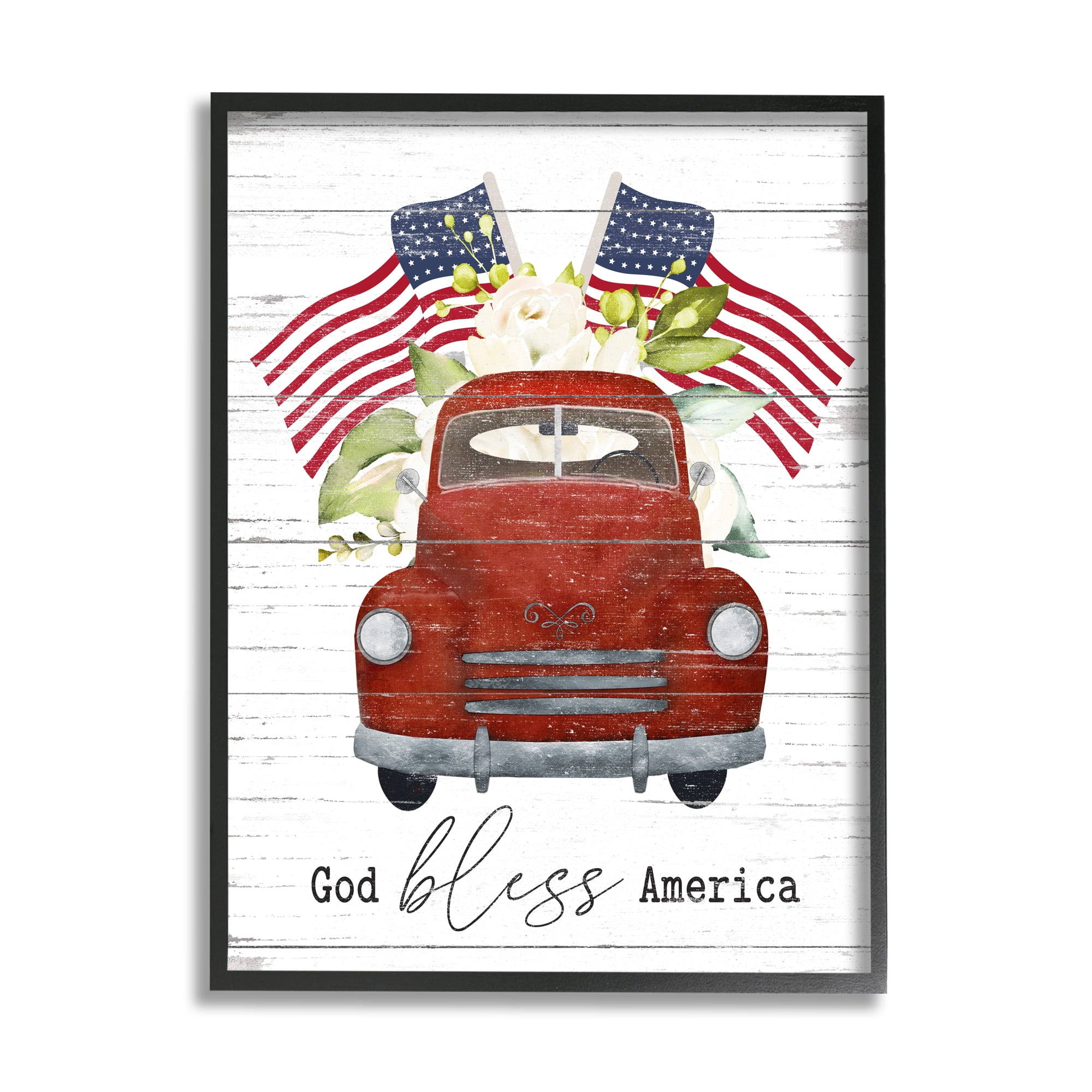 Stupell Industries God Bless America Sentiment Americana Red Truck Flags, 24 x 30, Designed by Lettered and Lined