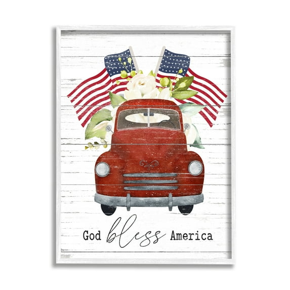 Stupell Industries God Bless America Sentiment Americana Red Truck Flags Vintage Painting White Framed Art Print Wall Art, 11 x 14, Design by Lettered and Lined