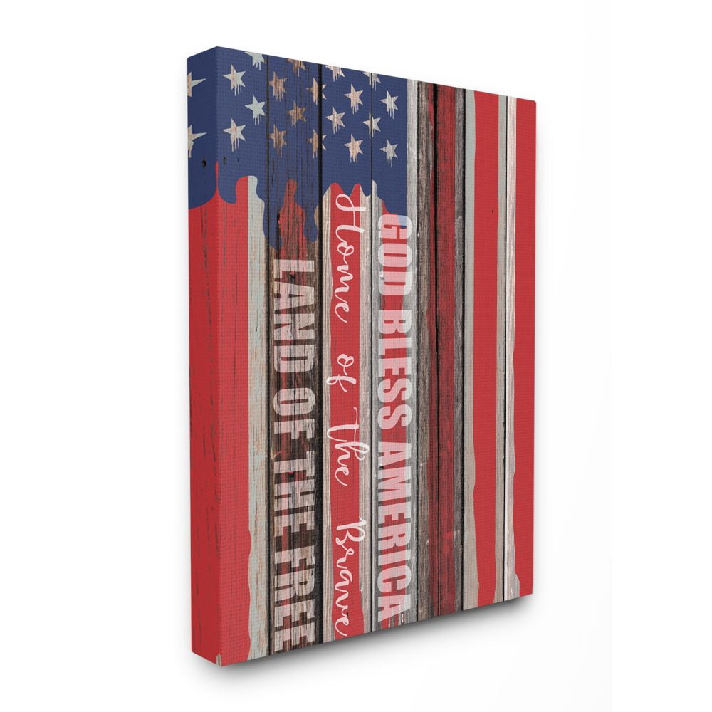 Stupell Industries God Bless America Wood Grain Flag Red White Blue Americana Canvas Wall Art Design by Kim Allen, 24" x 30"