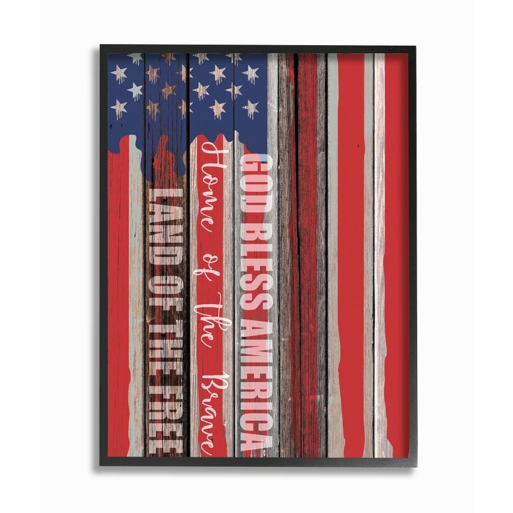 Stupell Industries God Bless America Wood Grain Flag Red White Blue Americana Framed Wall Art Design by Kim Allen, 16" x 20", Gray Framed