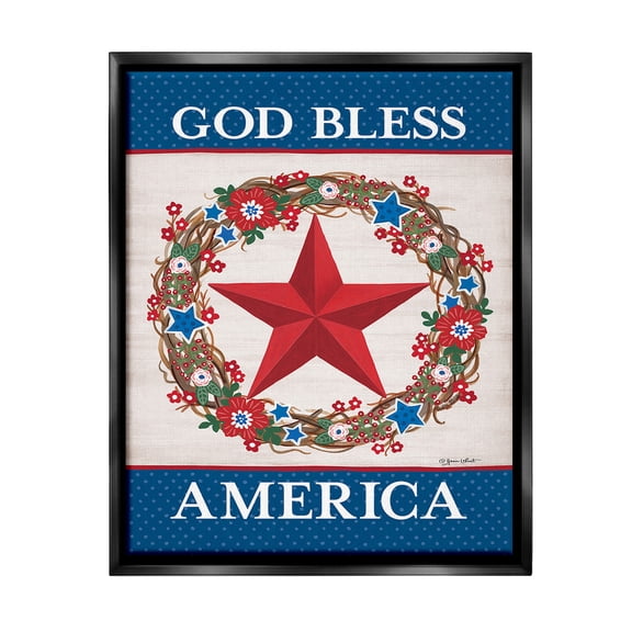 Stupell Industries God Bless America Wreath Botanical & Floral Painting Black Floater Framed Canvas Art Print Wall Art, 17 x 21