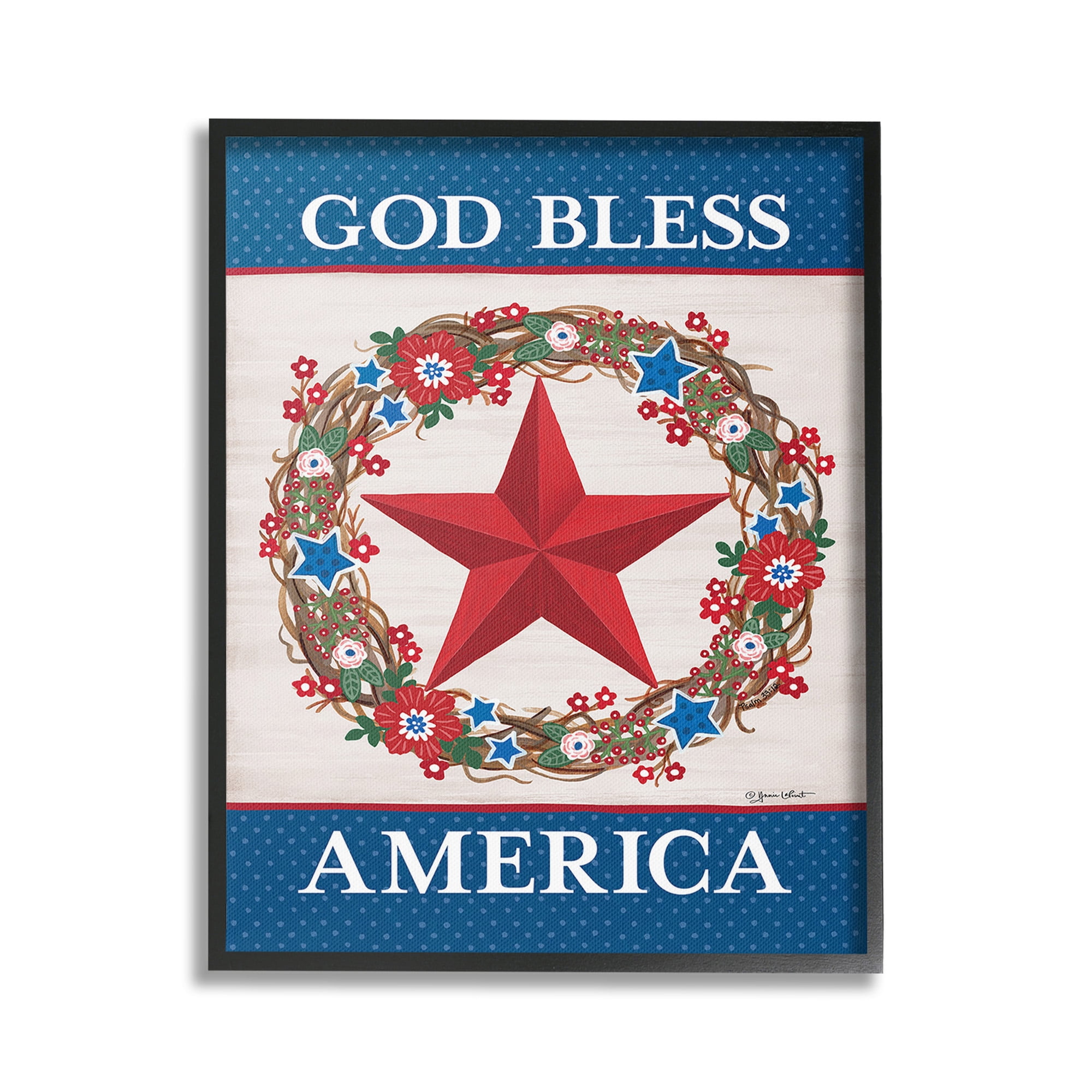 Stupell Industries God Bless America Wreath Botanical & Floral Painting Black Framed Art Print Wall Art, 16 x 20