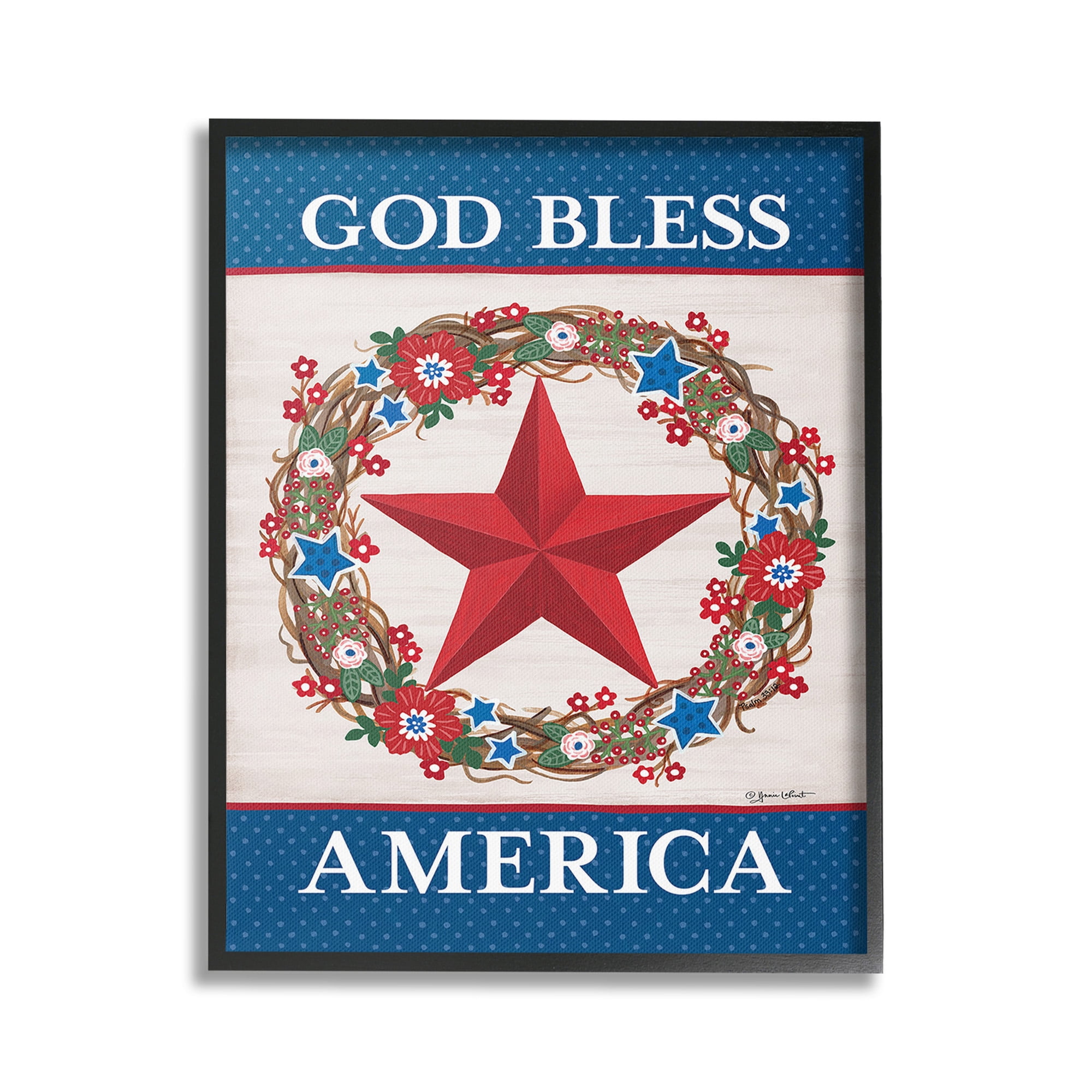 Stupell Industries God Bless America Wreath Botanical & Floral Painting Black Framed Art Print Wall Art, 24 x 30