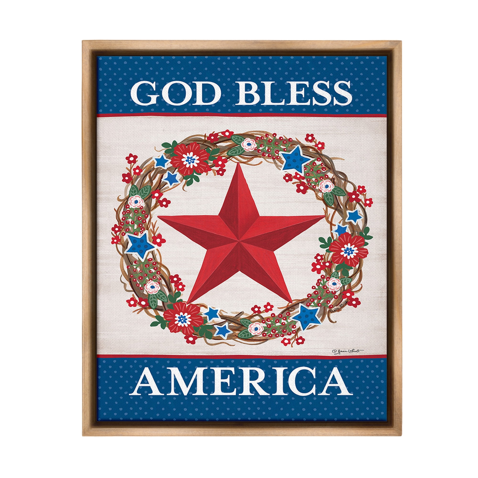 Stupell Industries God Bless America Wreath Botanical & Floral Painting Brown Floater Framed Canvas Art Print Wall Art, 17 x 21