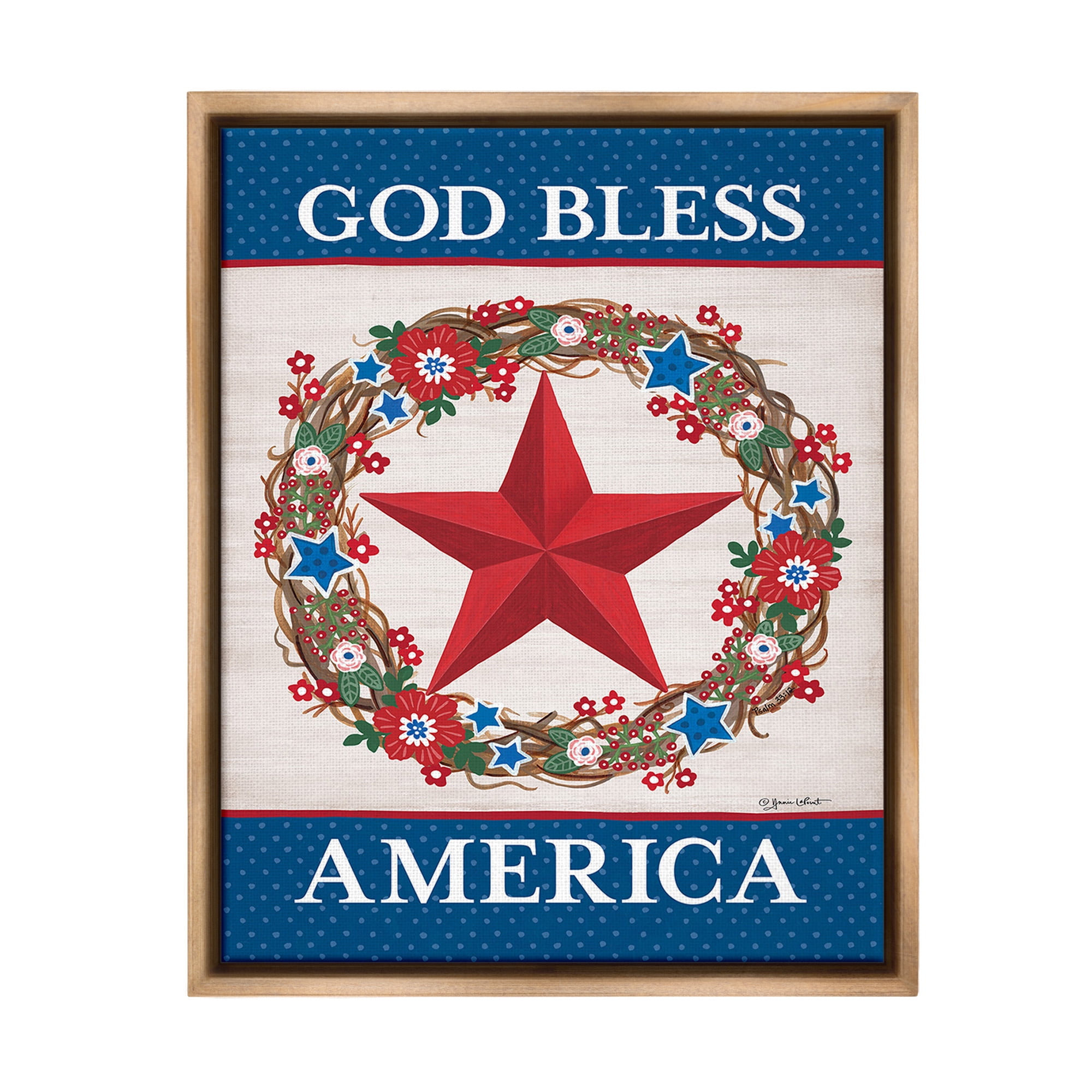 Stupell Industries God Bless America Wreath Botanical & Floral Painting Brown Floater Framed Canvas Art Print Wall Art, 25 x 31
