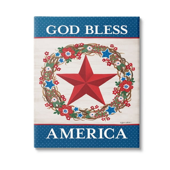 Stupell Industries God Bless America Wreath Botanical & Floral Painting Gallery Wrapped Canvas Art Print Wall Art, 16 x 20