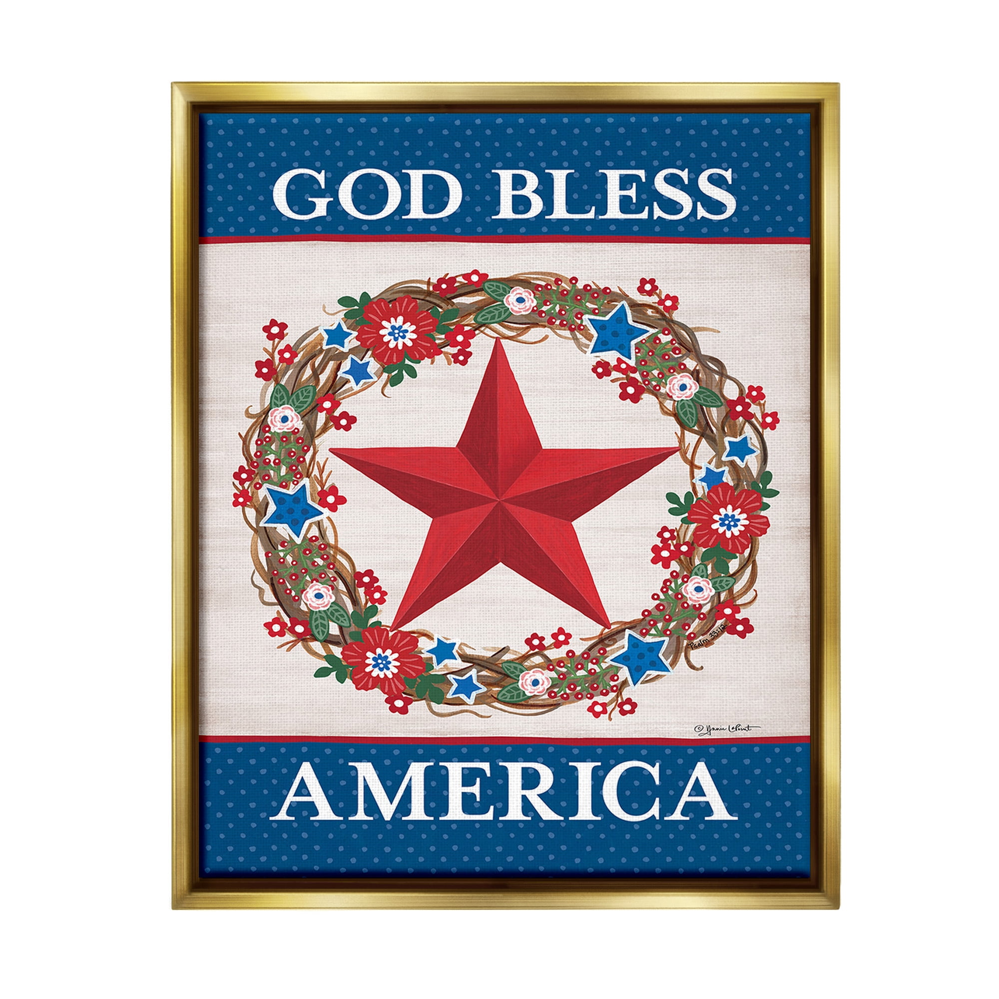 Stupell Industries God Bless America Wreath Botanical & Floral Painting Gold Floater Framed Canvas Art Print Wall Art, 17 x 21