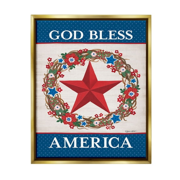 Stupell Industries God Bless America Wreath Botanical & Floral Painting Gold Floater Framed Canvas Art Print Wall Art, 25 x 31