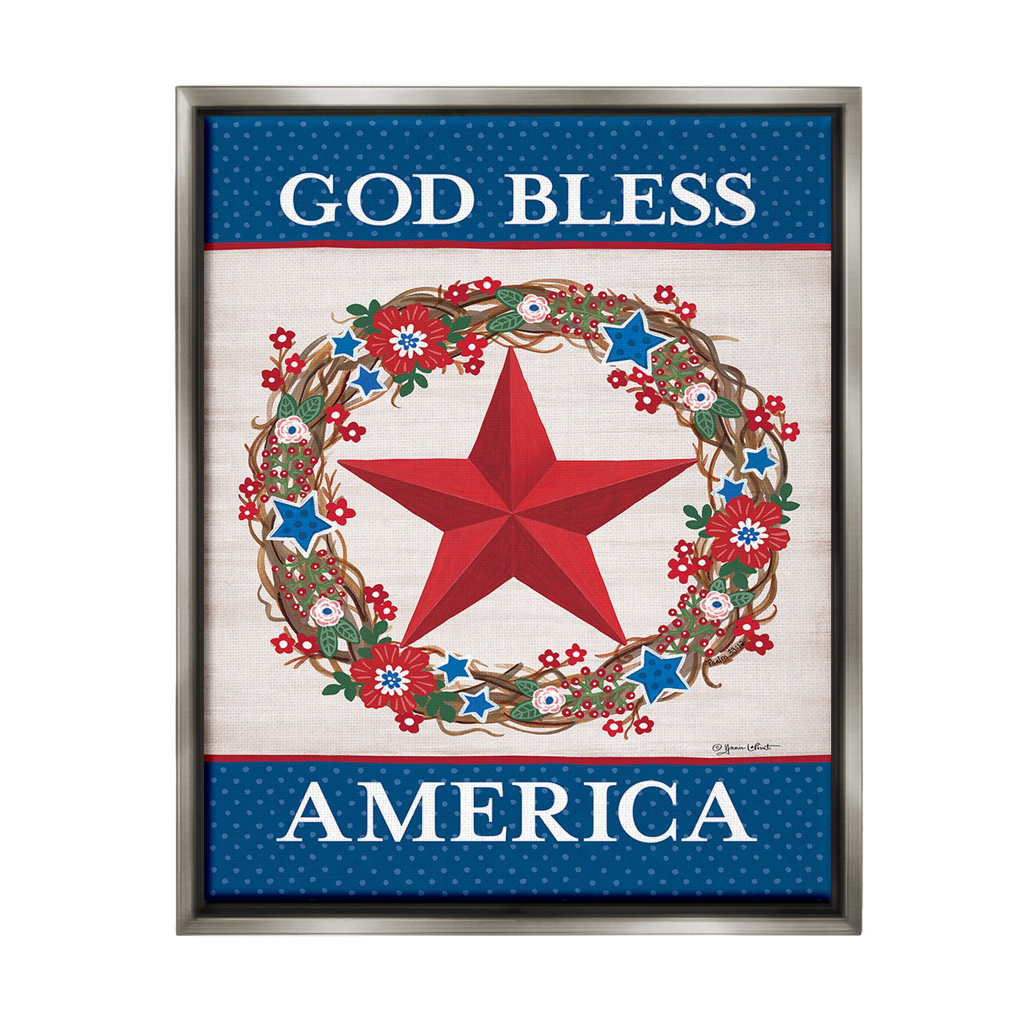 Stupell Industries God Bless America Wreath Botanical & Floral Painting Gray Floater Framed Canvas Art Print Wall Art, 25 x 31