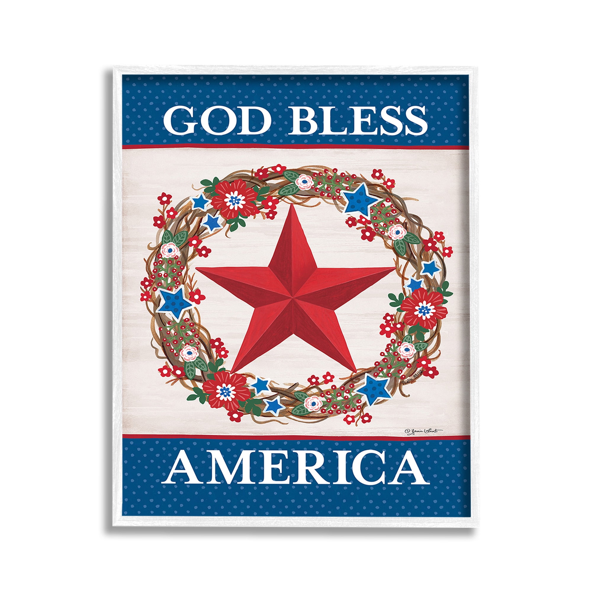 Stupell Industries God Bless America Wreath Botanical & Floral Painting White Framed Art Print Wall Art, 11 x 14