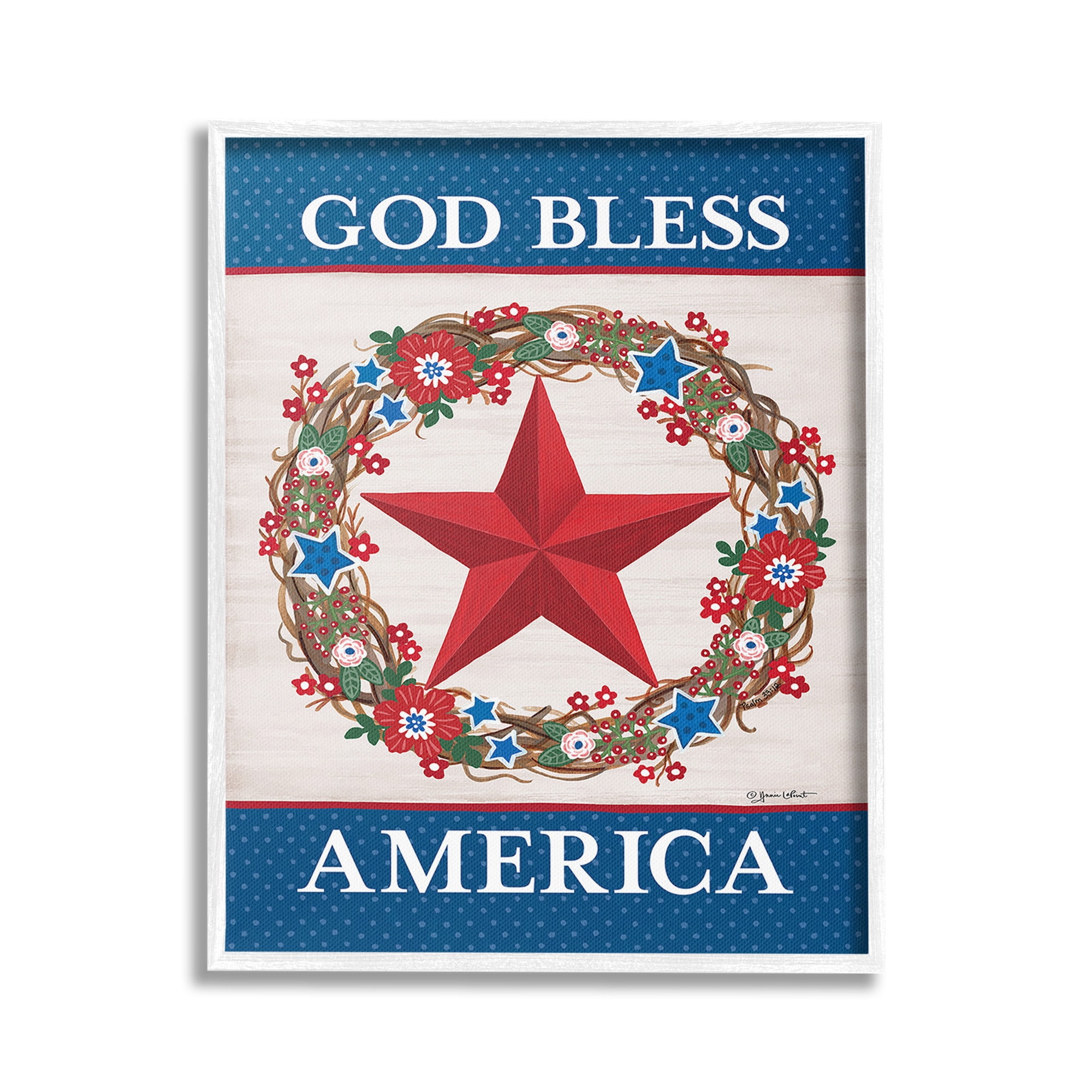 Stupell Industries God Bless America Wreath Botanical & Floral Painting White Framed Art Print Wall Art, 24 x 30