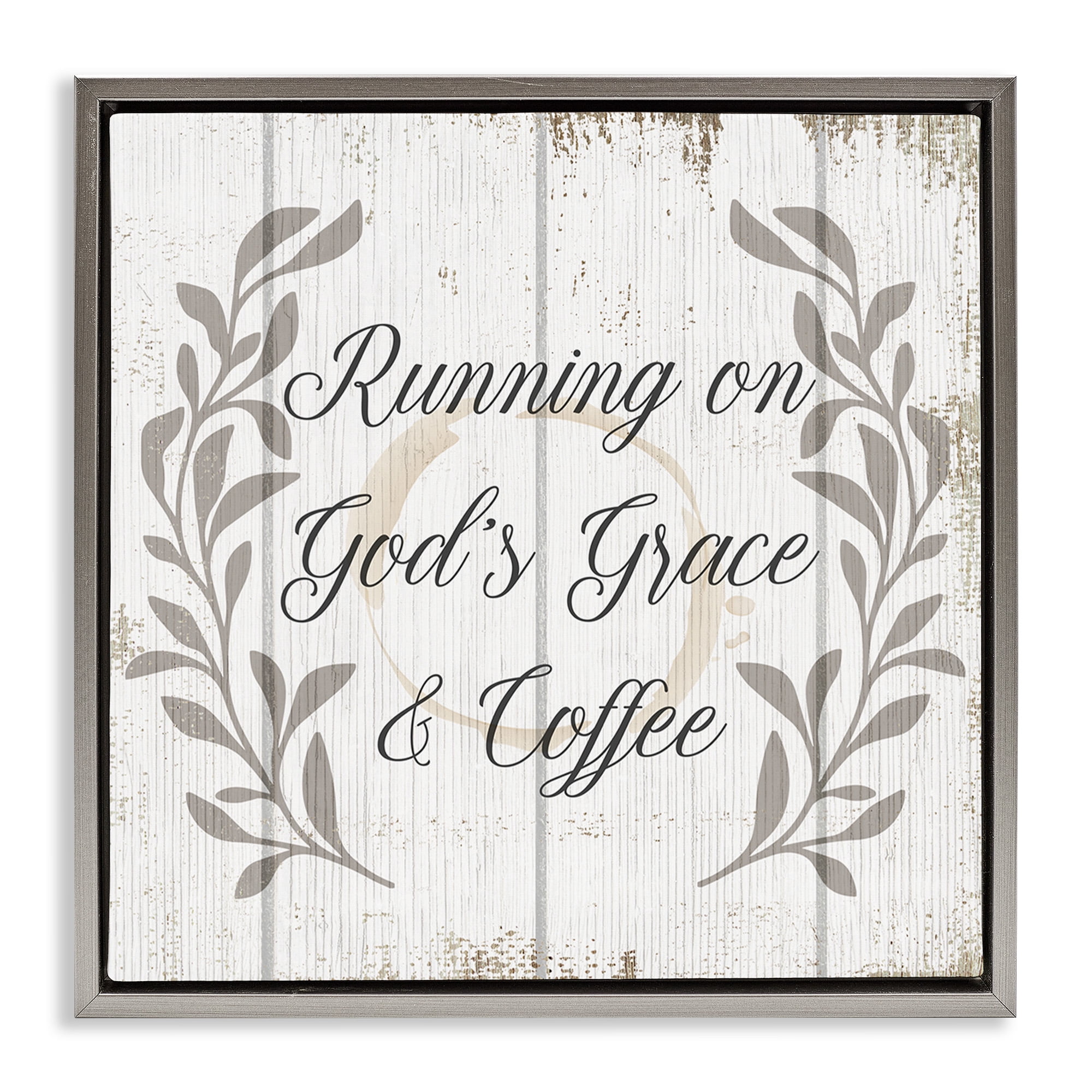 Stupell Industries God's Grace & Coffee Phrase Religious Painting Gray Floater Framed Canvas Art Print Wall Art, 18 x 18