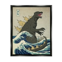 Stupell Industries Godzilla in the Waves Eastern Poster Style Illustration Jet Black Framed Floating Canvas Wall Art, 16x20, by Michael Buxton
