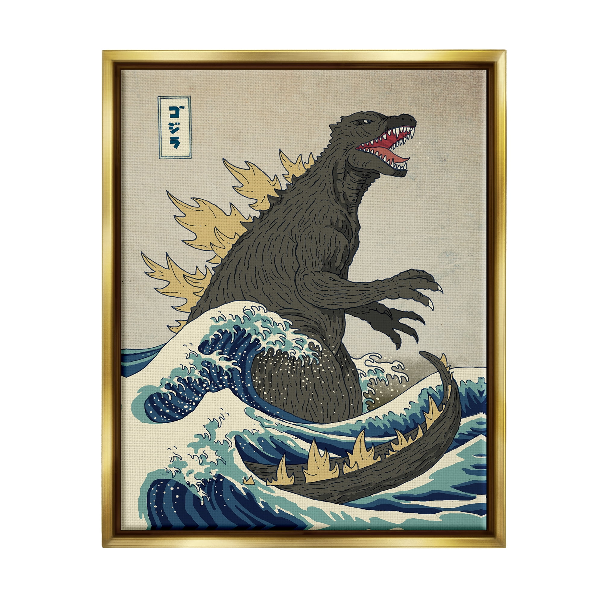 Stupell Industries Godzilla in the Waves Eastern Poster Style Illustration Metallic Gold Framed Floating Canvas Wall Art, 24x30, by Michael Buxton