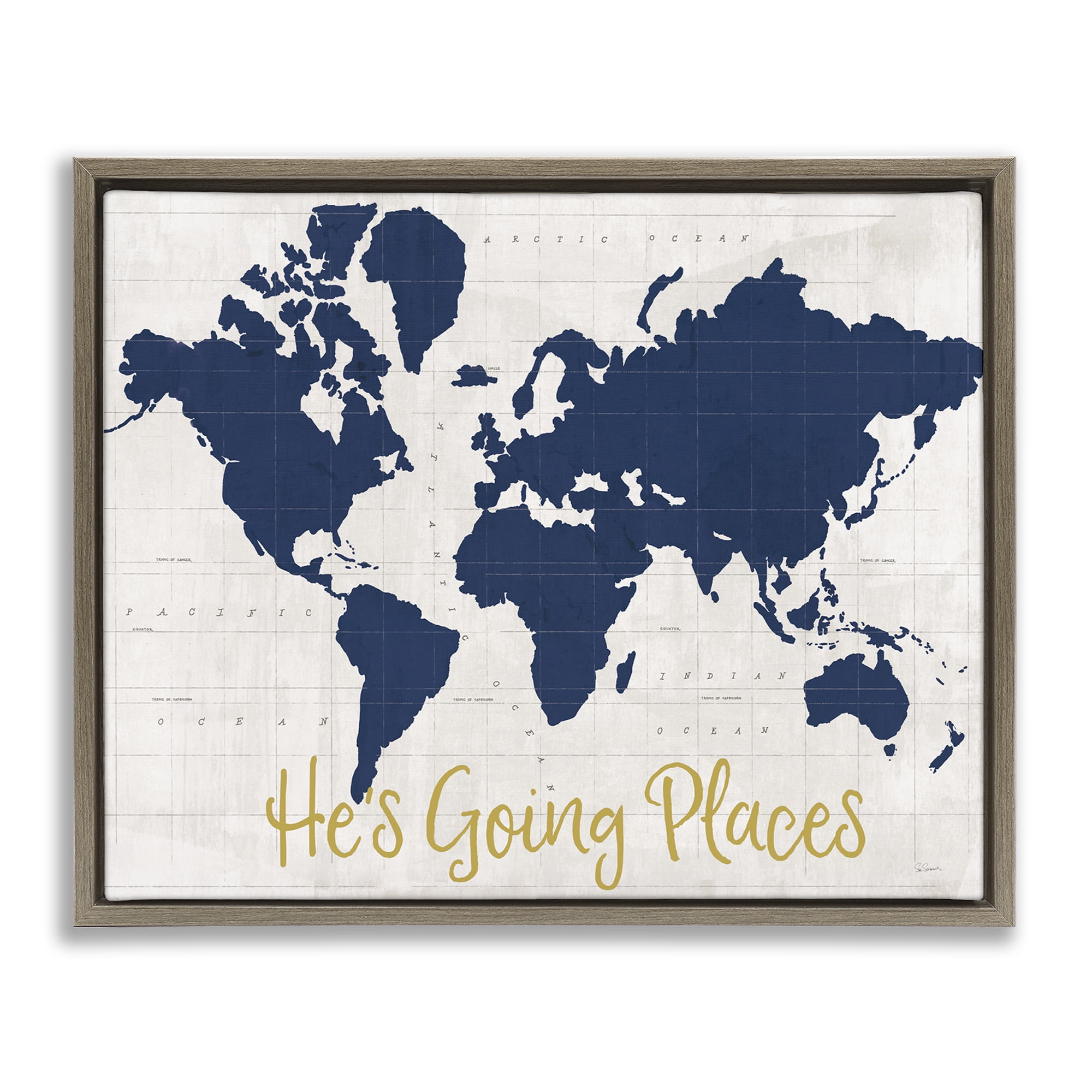 Stupell Industries Going Places Boy's Map Town & City Painting Brown Floater Framed Canvas Art Print Wall Art, 21 x 17