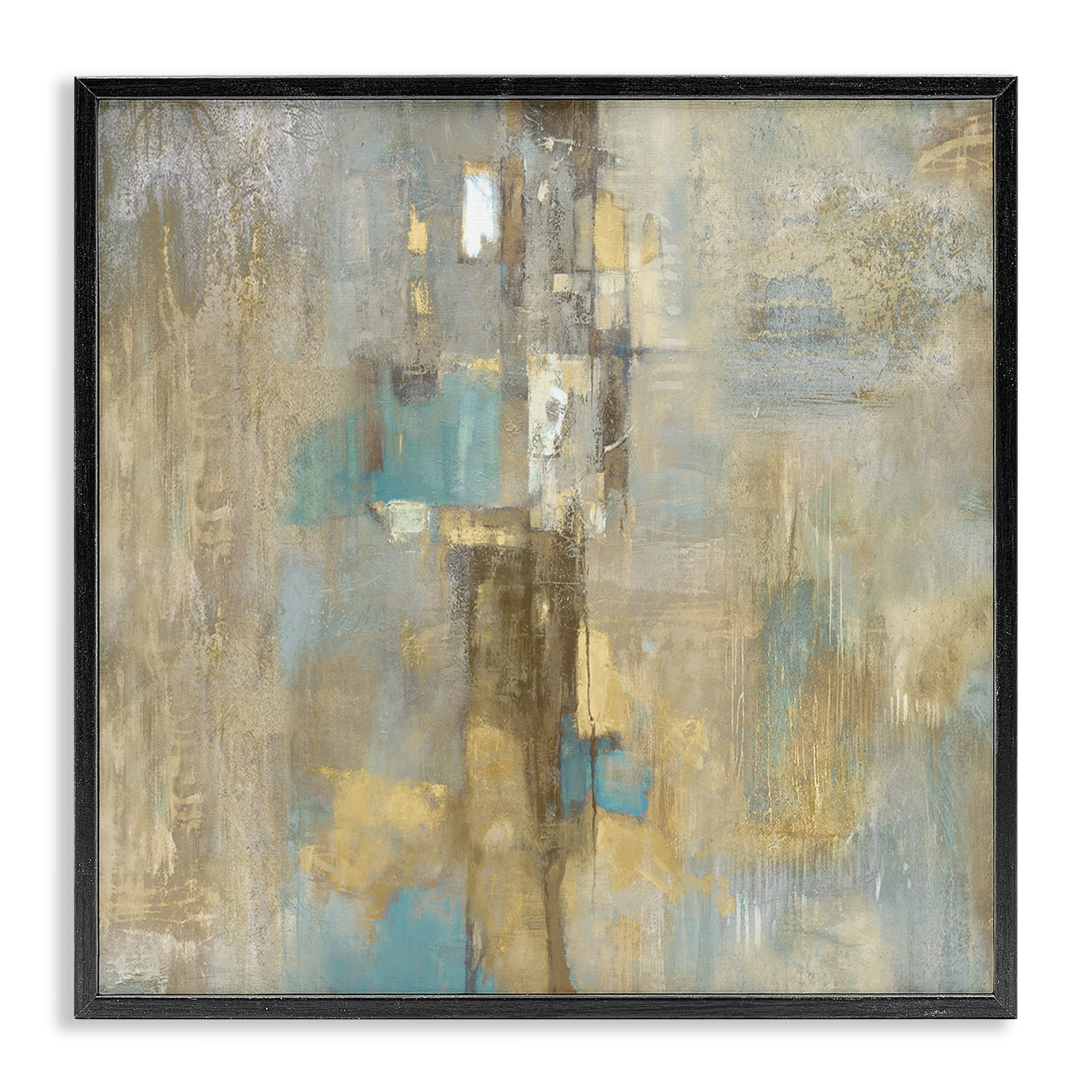 Stupell Industries Gold Abstract with Blue Abstract Painting Black Framed Art Print Wall Art, 17 x 17