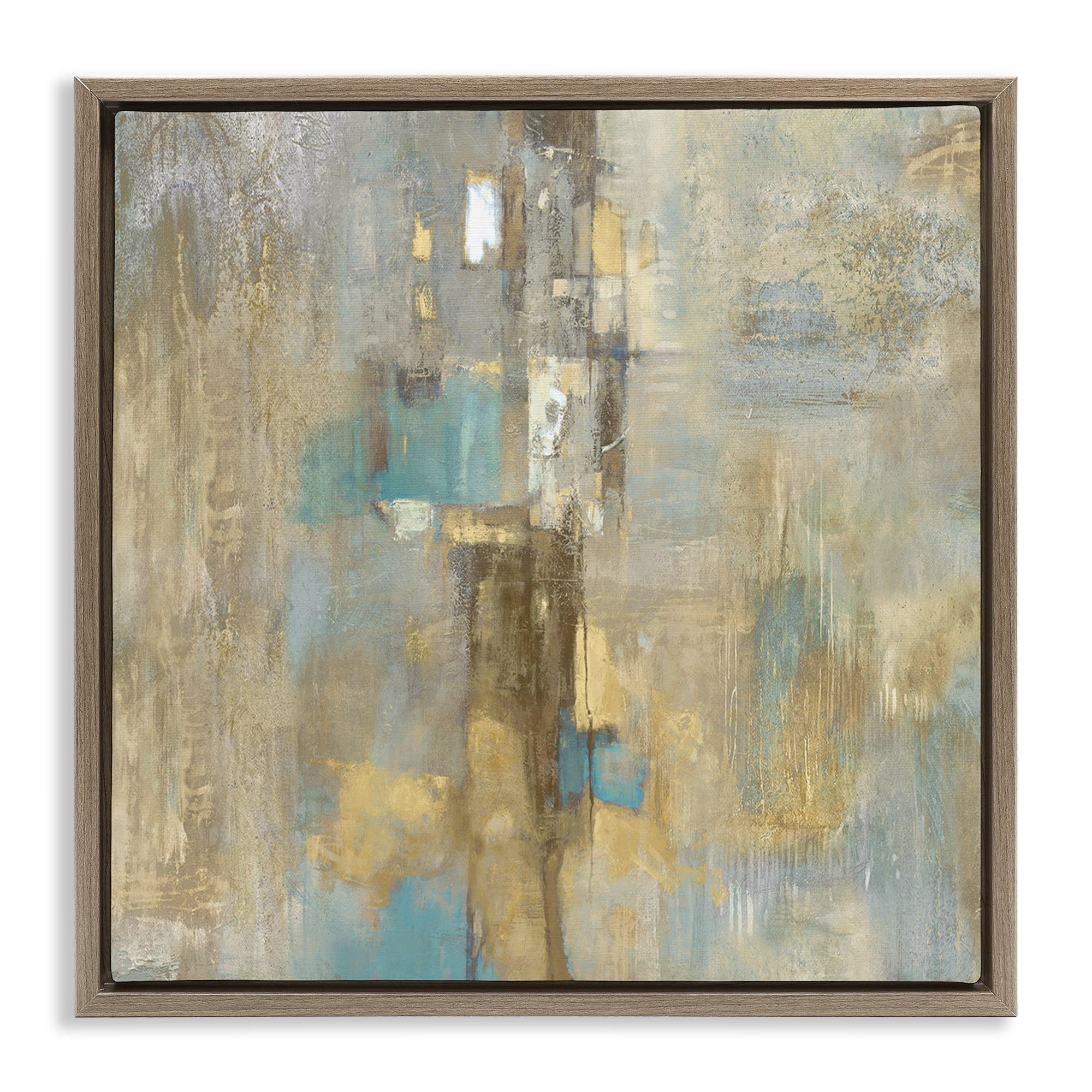 Stupell Industries Gold Abstract with Blue Abstract Painting Brown Floater Framed Canvas Art Print Wall Art, 18 x 18