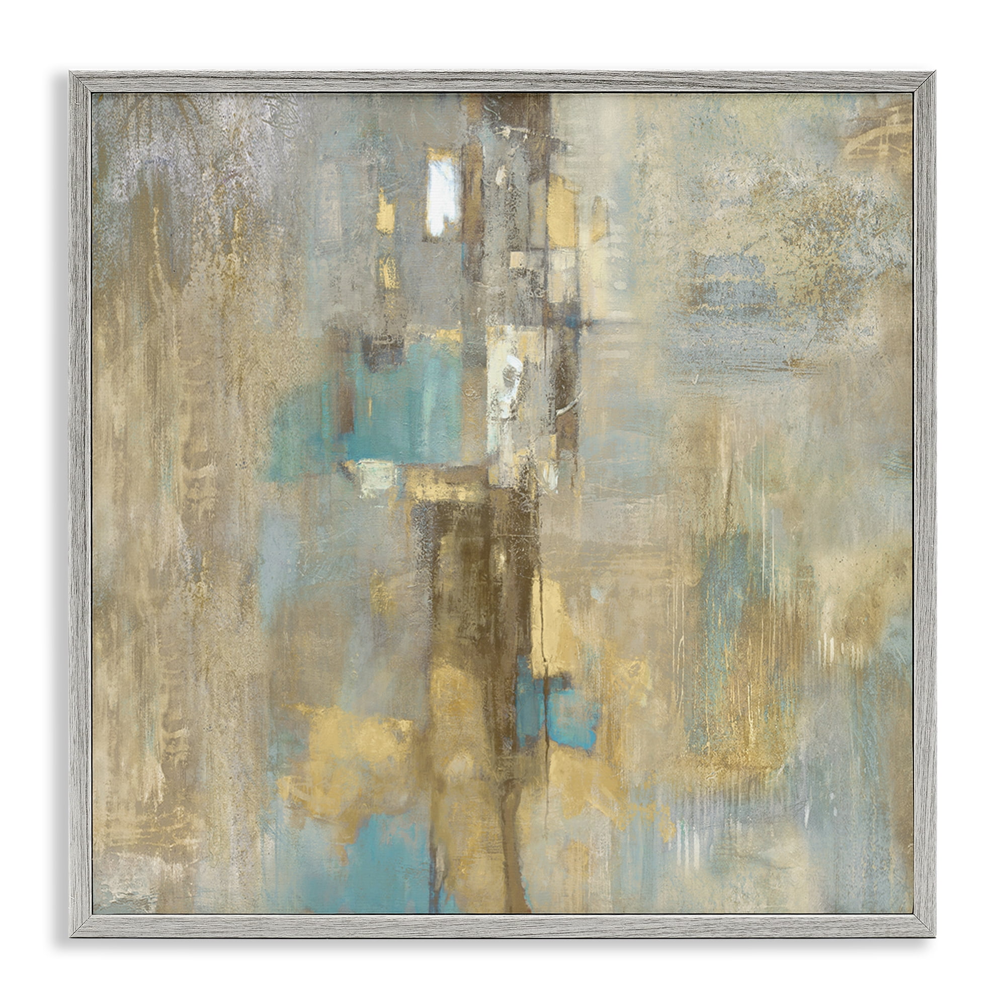 Stupell Industries Gold Abstract with Blue Abstract Painting Gray Framed Art Print Wall Art, 17 x 17