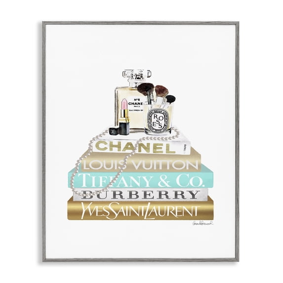 Stupell Industries Art Deco Gold Blue Perfume Bookstack Gray Framed Giclee Art, 11 x 14, by Amanda Greenwood