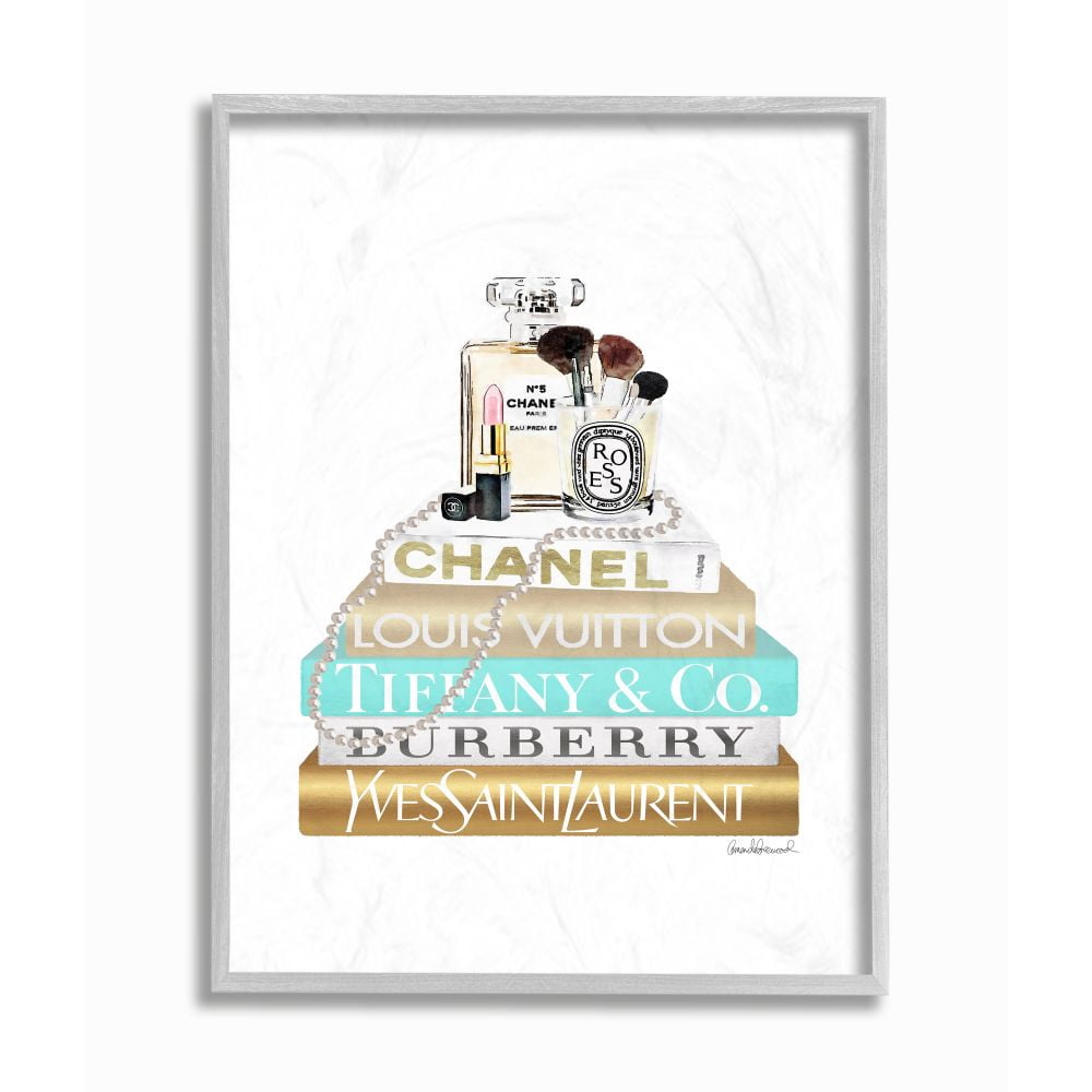 Stupell Industries Gold And Blue Perfume Bookstack Glam Fashion Design Framed Wall Art by Amanda Greenwood