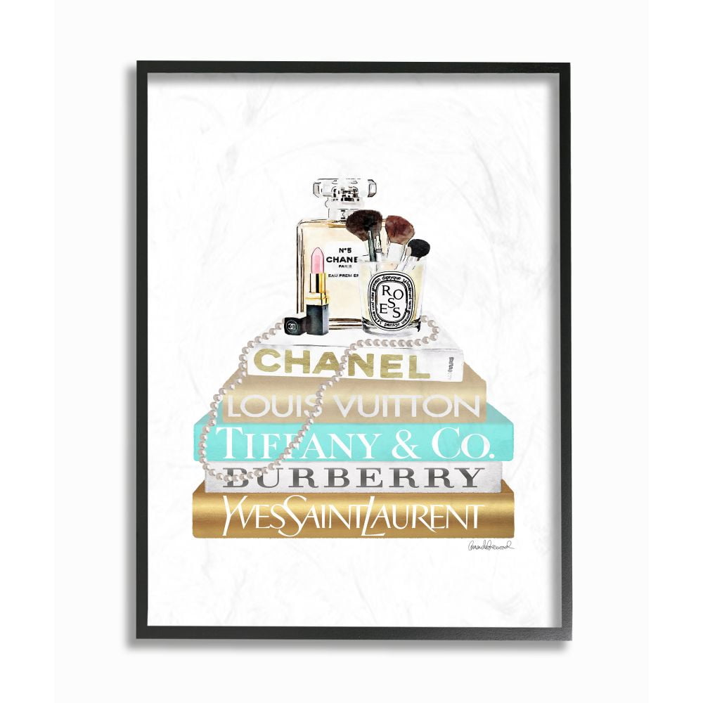 Stupell Industries Gold And Blue Perfume Bookstack Glam Fashion Design Framed Wall Art by Amanda Greenwood