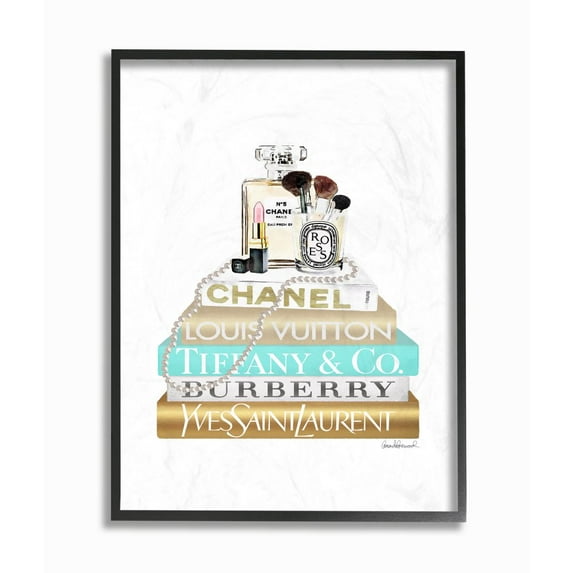 Stupell Industries Gold And Blue Perfume Bookstack Glam Fashion Design Framed Wall Art by Amanda Greenwood