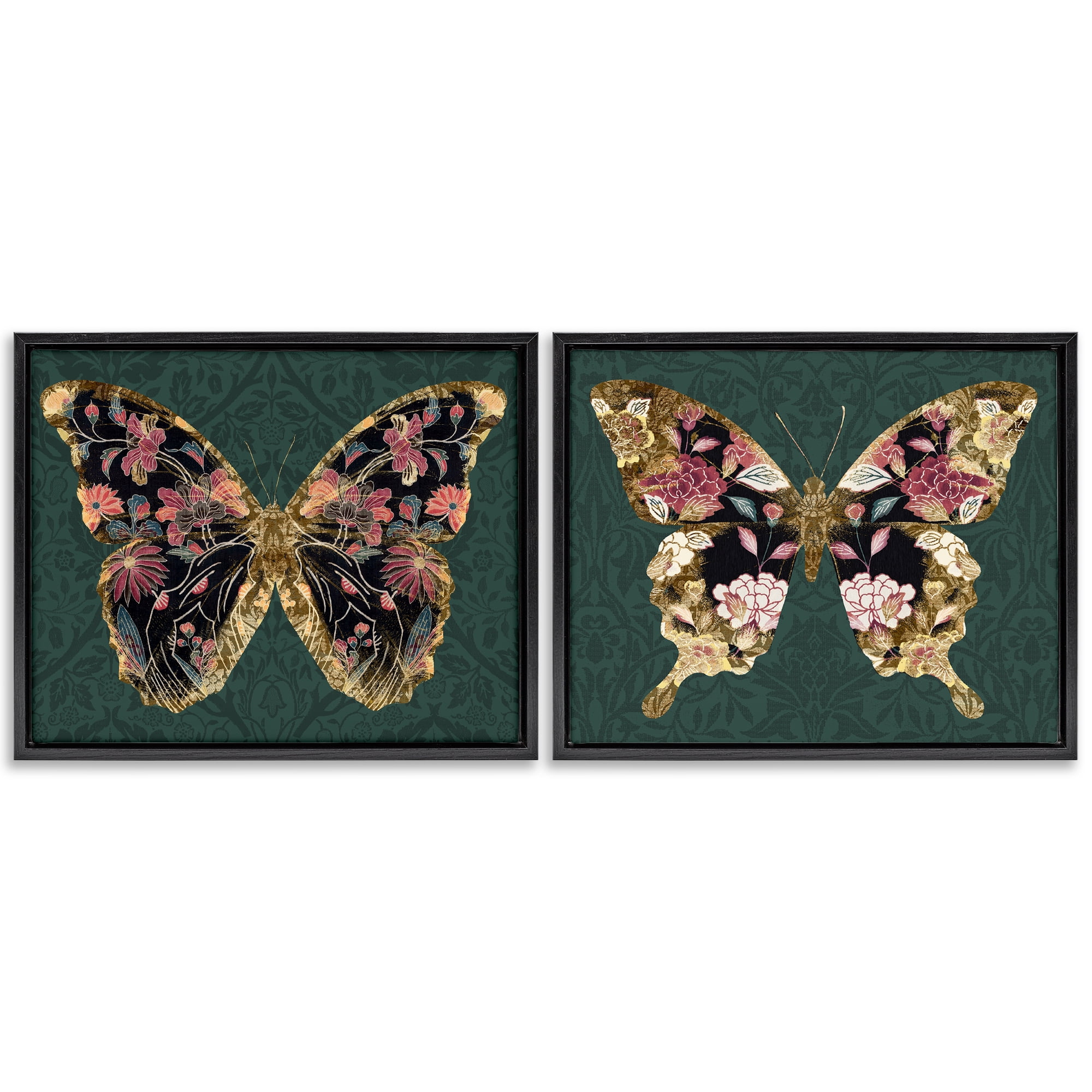 Stupell Industries Gold Black Floral Butterfly Animals Painting Black Floater Framed Canvas Art Print Wall Art, 31 x 25, Set of 2