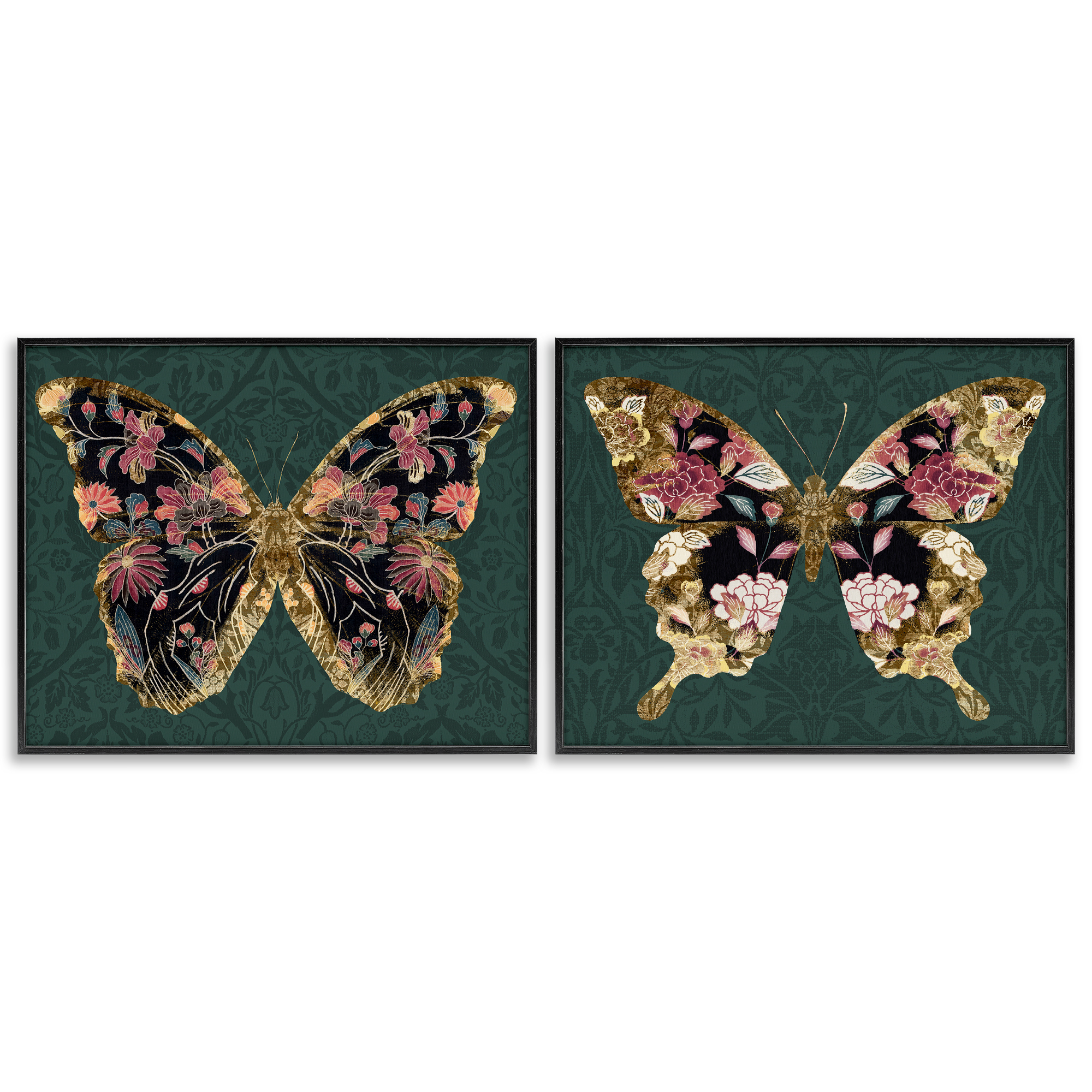 Stupell Industries Gold Black Floral Butterfly Animals Painting Black Framed Art Print Wall Art, 20 x 16, Set of 2