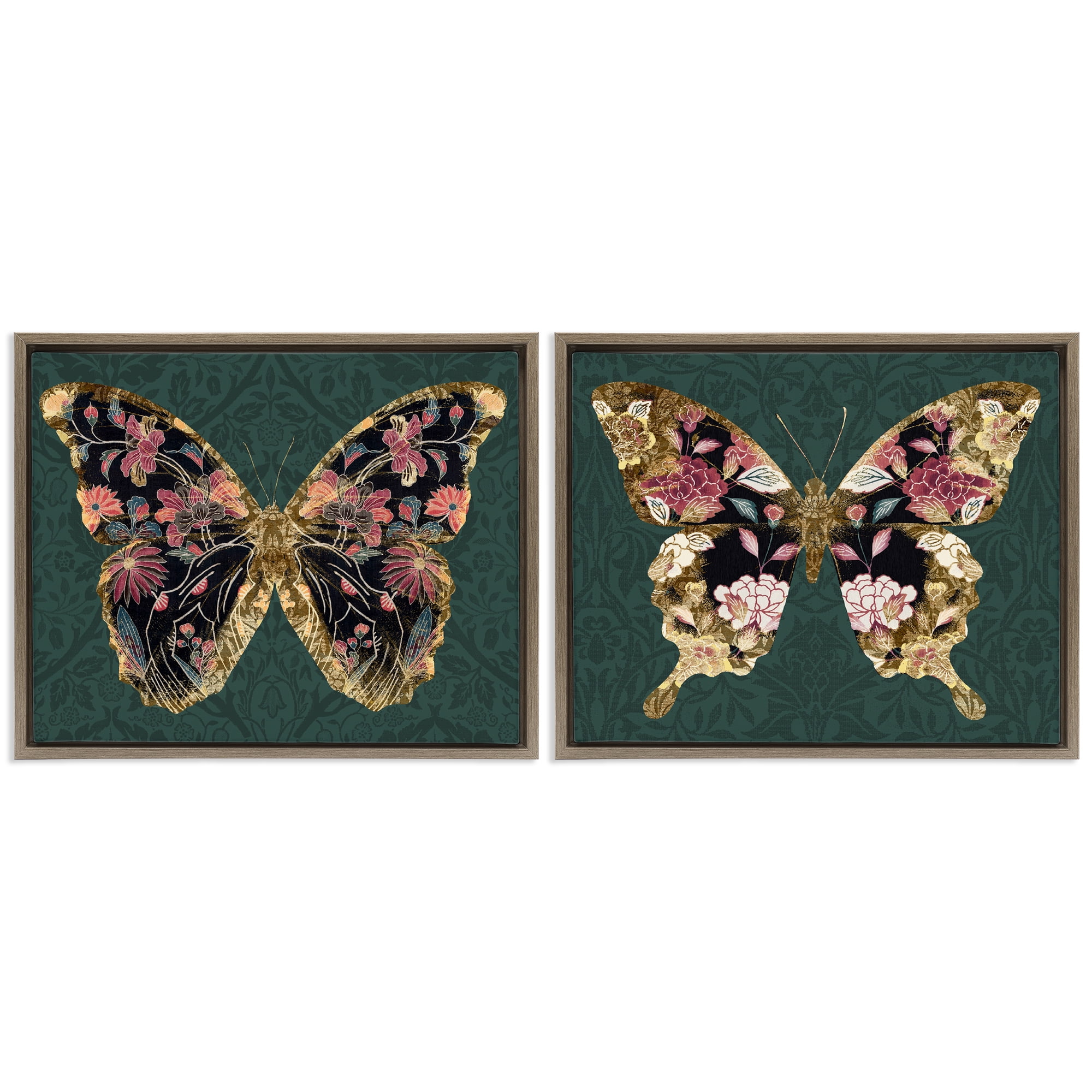 Stupell Industries Gold Black Floral Butterfly Animals Painting Brown Floater Framed Canvas Art Print Wall Art, 21 x 17, Set of 2