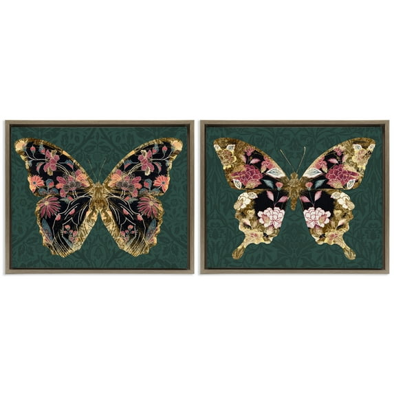 Stupell Industries Gold Black Floral Butterfly Animals Painting Brown Floater Framed Canvas Art Print Wall Art, 31 x 25, Set of 2