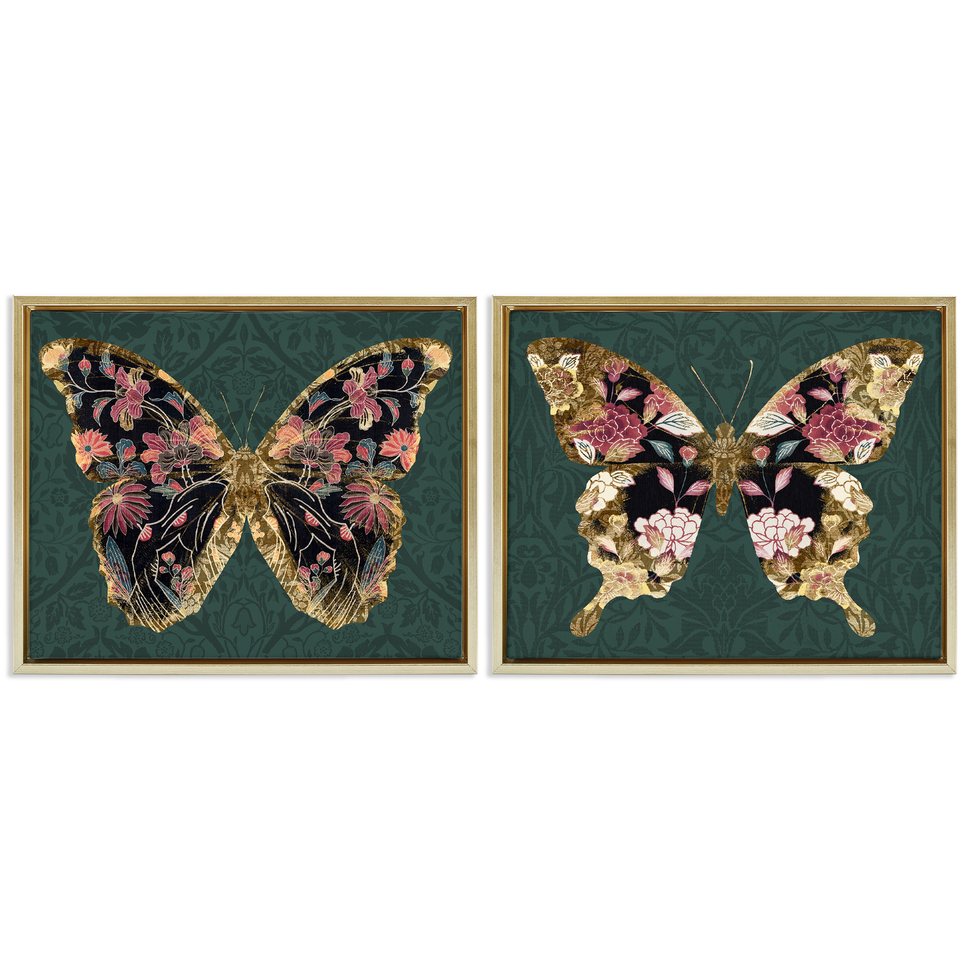 Stupell Industries Gold Black Floral Butterfly Animals Painting Gold Floater Framed Canvas Art Print Wall Art, 21 x 17, Set of 2