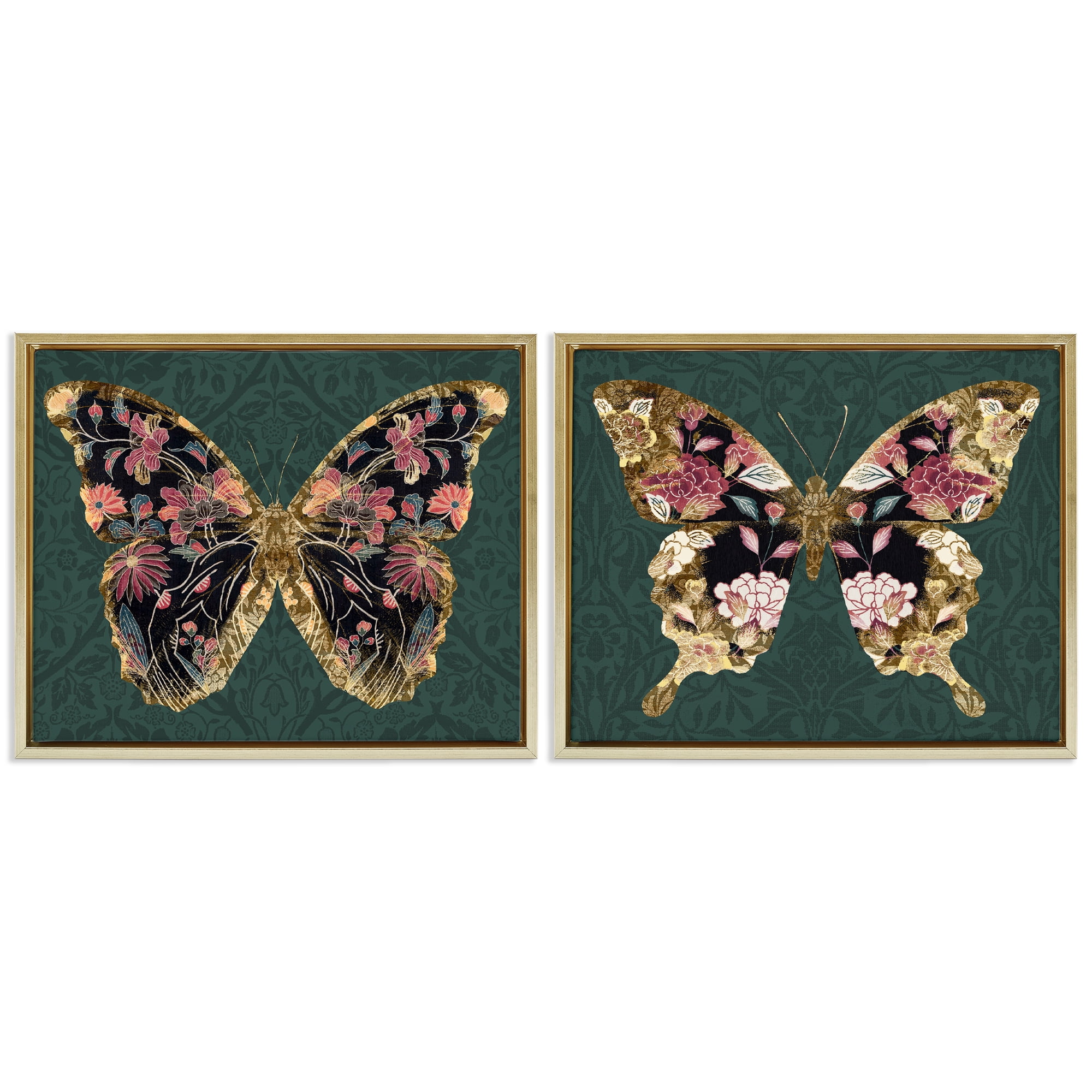 Stupell Industries Gold Black Floral Butterfly Animals Painting Gold Floater Framed Canvas Art Print Wall Art, 31 x 25, Set of 2