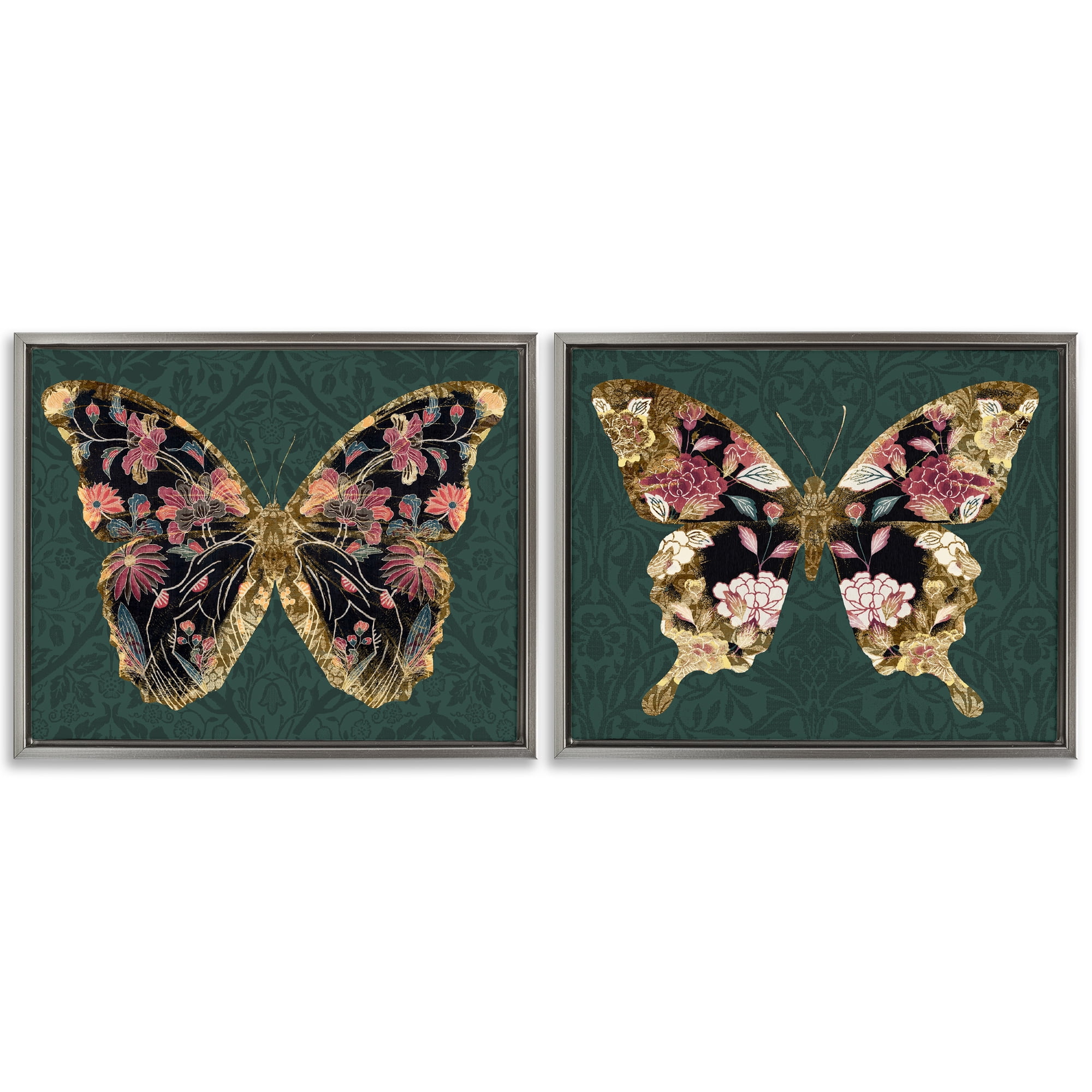 Stupell Industries Gold Black Floral Butterfly Animals Painting Gray Floater Framed Canvas Art Print Wall Art, 21 x 17, Set of 2