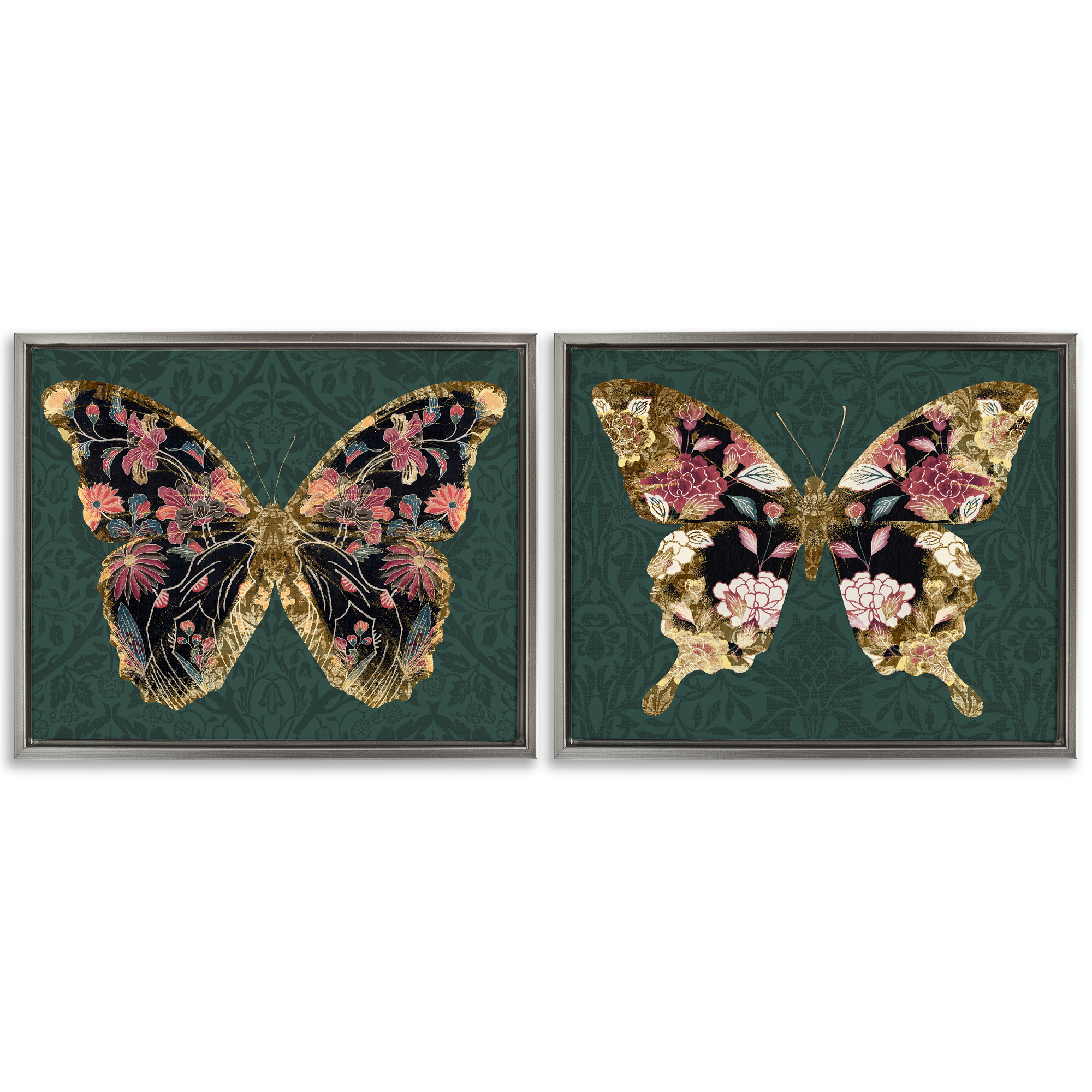 Stupell Industries Gold Black Floral Butterfly Animals Painting Gray Floater Framed Canvas Art Print Wall Art, 31 x 25, Set of 2