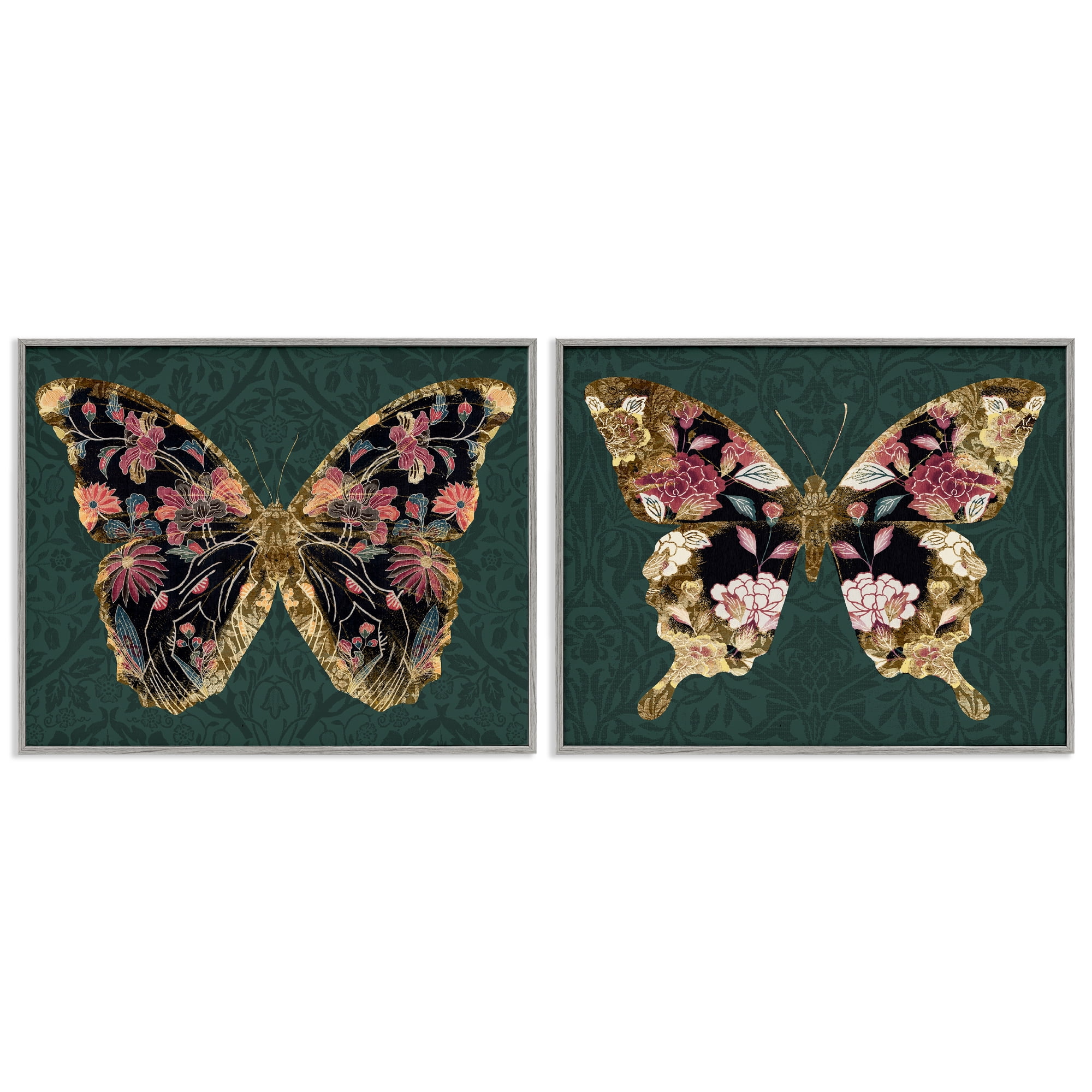 Stupell Industries Gold Black Floral Butterfly Animals Painting Gray Framed Art Print Wall Art, 14 x 11, Set of 2