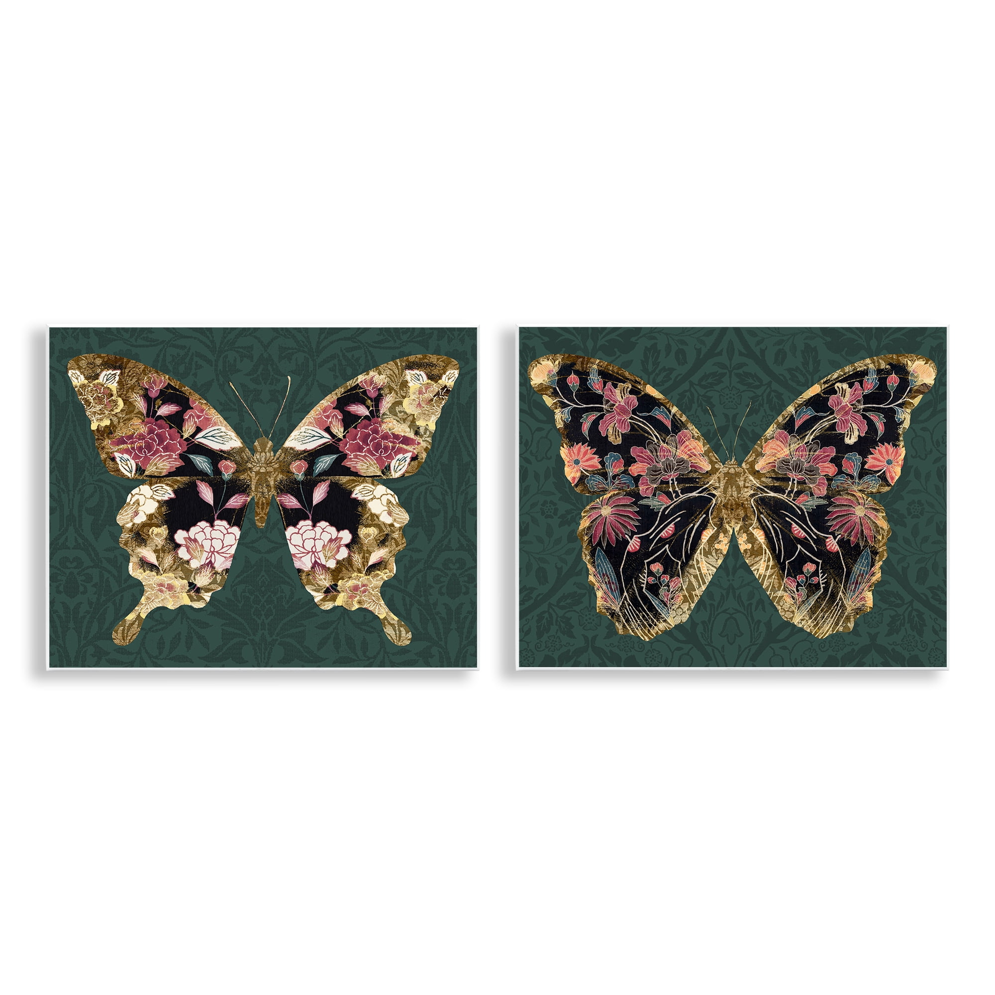 Stupell Industries Gold Black Floral Butterfly Animals Painting Unframed Art Print Wall Art, 14 x 11, Set of 2