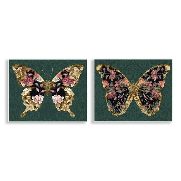 Stupell Industries Gold Black Floral Butterfly Animals Painting Unframed Art Print Wall Art, 14 x 11, Set of 2