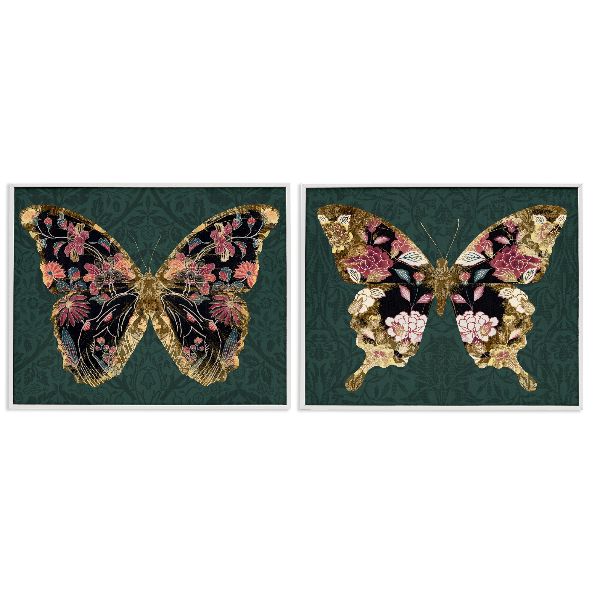 Stupell Industries Gold Black Floral Butterfly Animals Painting White Framed Art Print Wall Art, 14 x 11, Set of 2