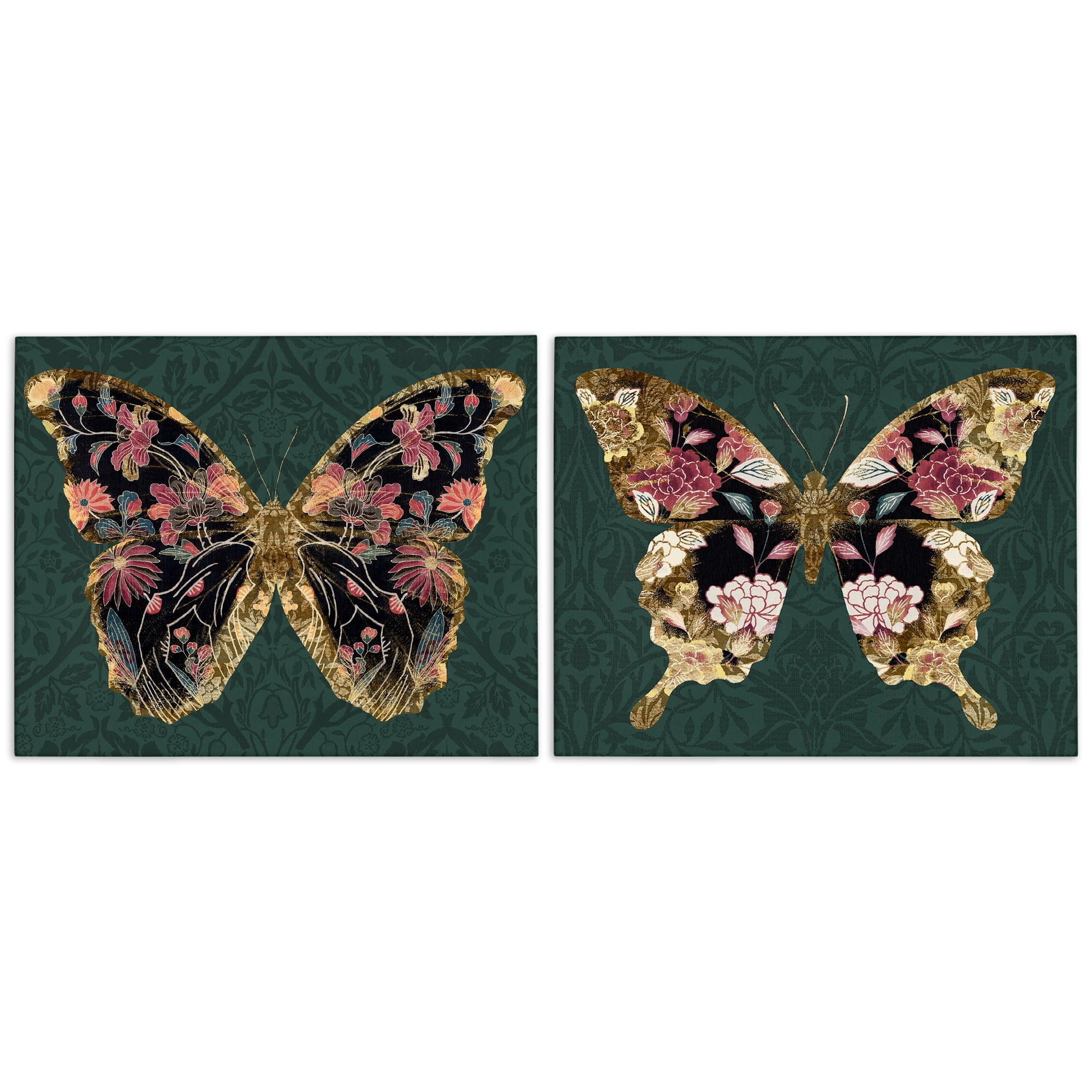 Stupell Industries Gold Black Floral Butterfly Animals Painting Wrapped Canvas Art Print Wall Art, 30 x 24, Set of 2