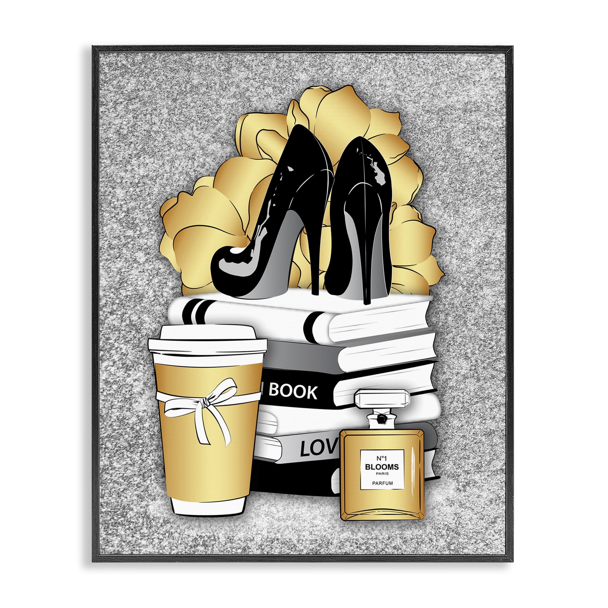 Stupell Industries Gold & Black Glam Books Beauty & Fashion Painting Black Framed Art Print Wall Art, 11 x 14