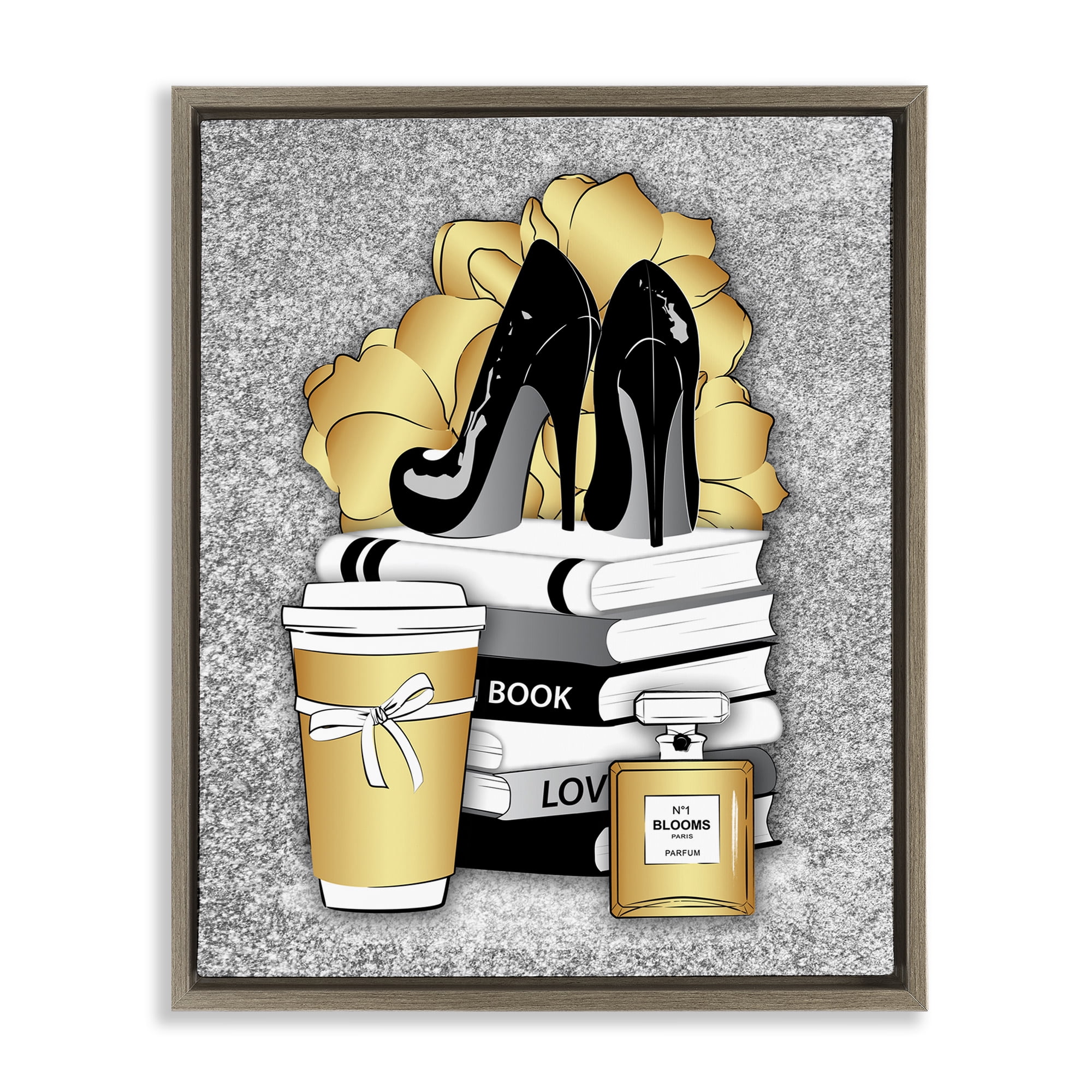 Stupell Industries Gold & Black Glam Books Beauty & Fashion Painting Brown Floater Framed Art Print Wall Art, 17 x 21