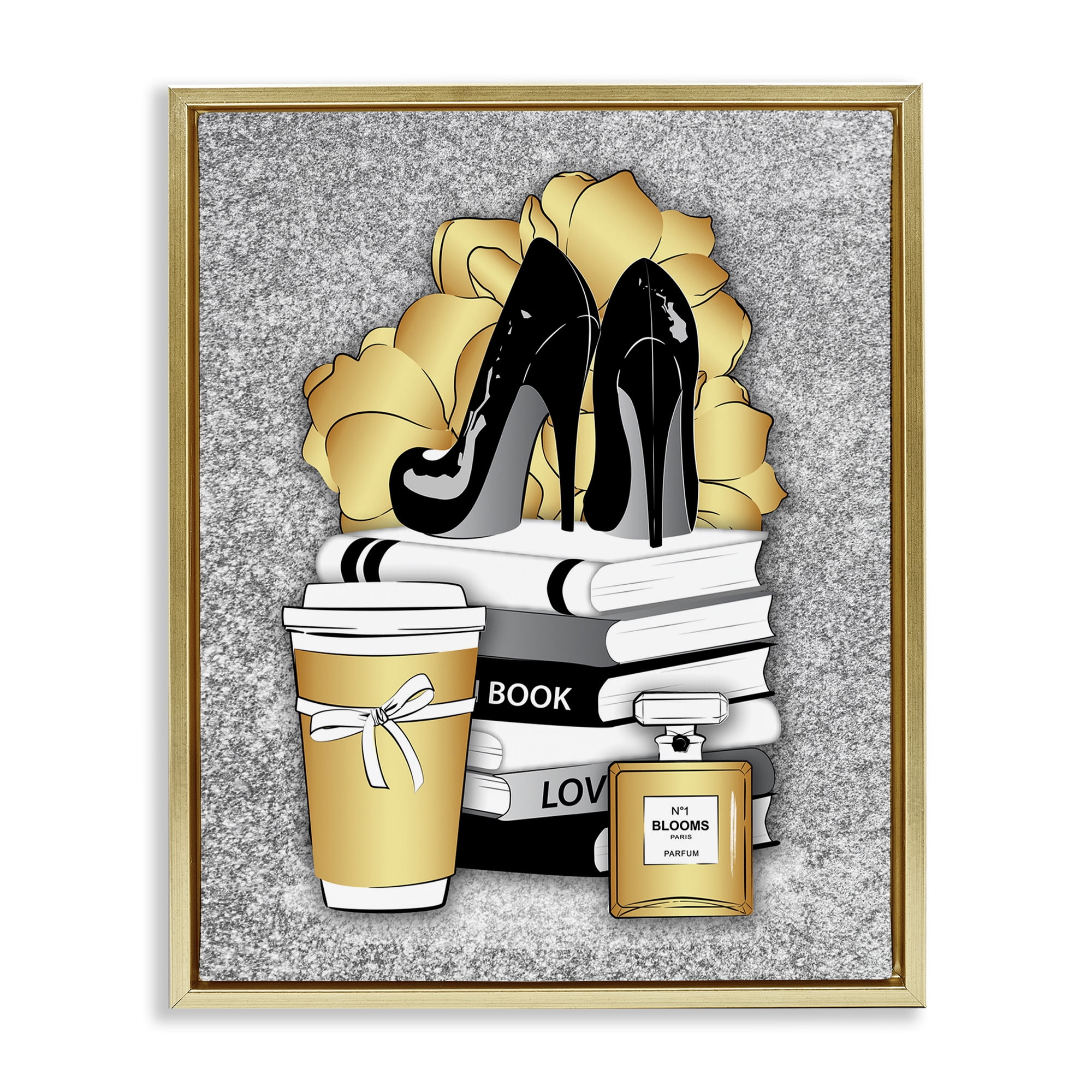 Stupell Industries Gold & Black Glam Books Beauty & Fashion Painting Gold Floater Framed Art Print Wall Art, 17 x 21