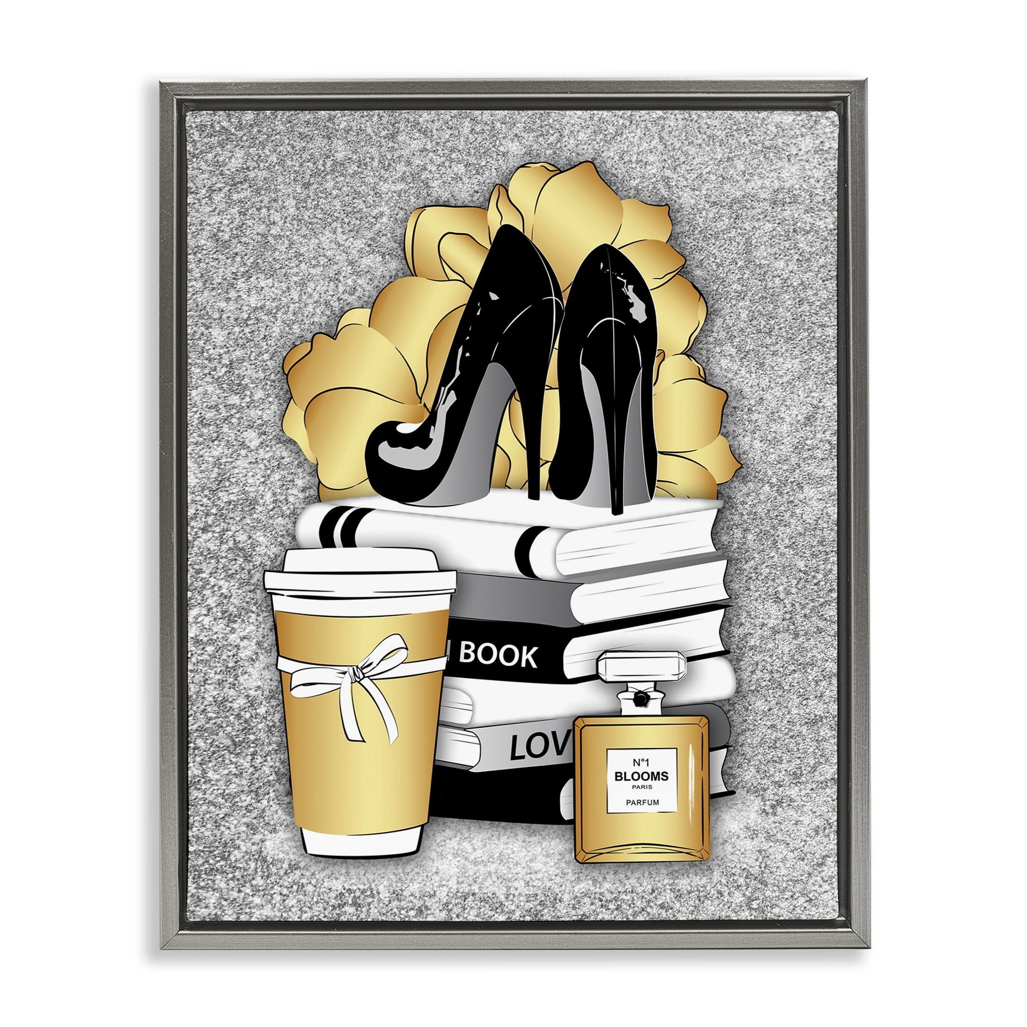 Stupell Industries Gold & Black Glam Books Beauty & Fashion Painting Gray Floater Framed Art Print Wall Art, 17 x 21